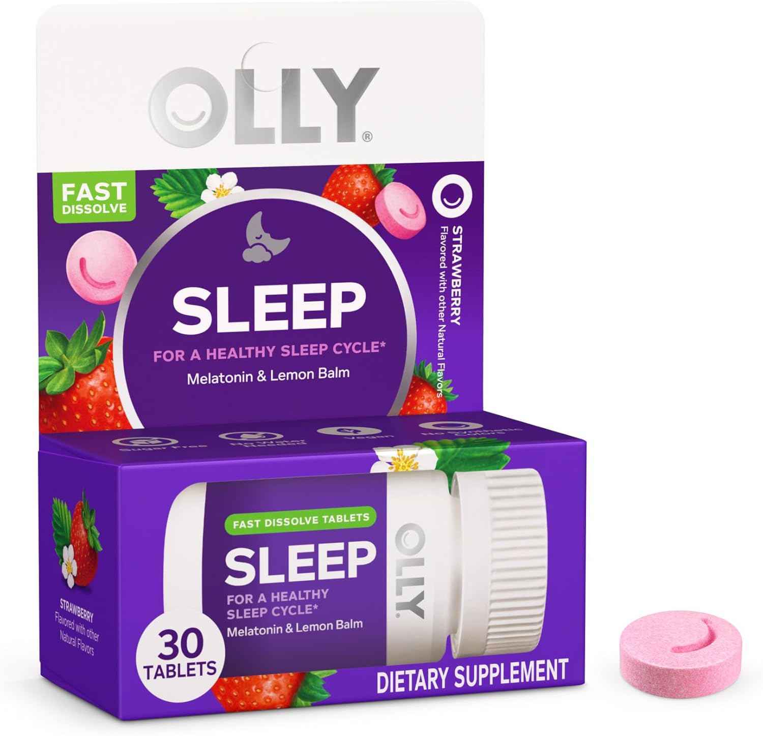OLLY Sleep Fast Dissolves, 3mg Melatonin, Lemon Balm, Strawberry Flavor, 30 Day Supply – 30 Count