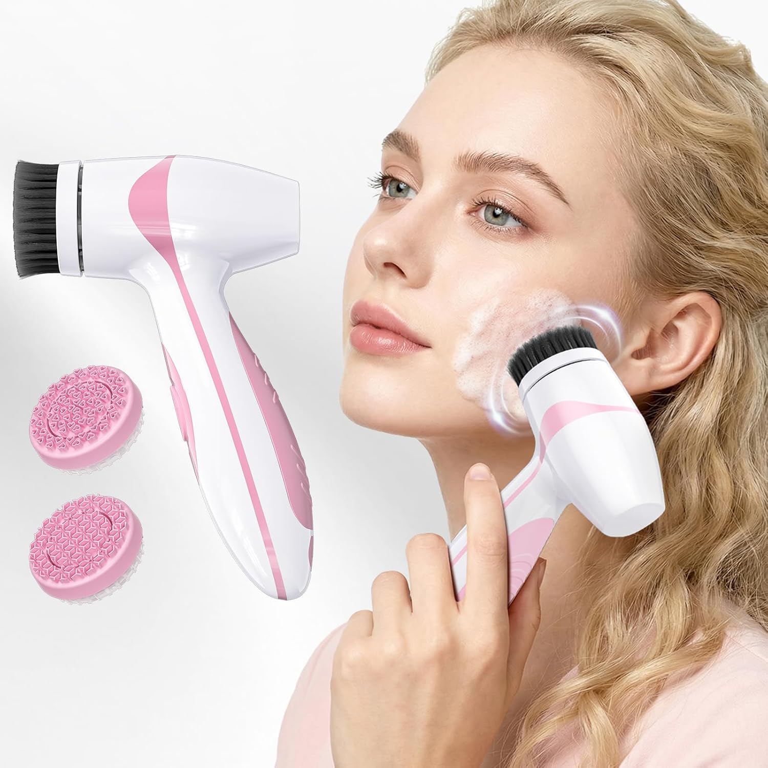 Rechargeable Facial Cleansing Brush – Dual Rotating Electric Face Scrubber with 3 Brush Heads, Waterproof Exfoliator for Deep Cleansing, Valentine’s Day Gifts for Her, Mom (Pink)