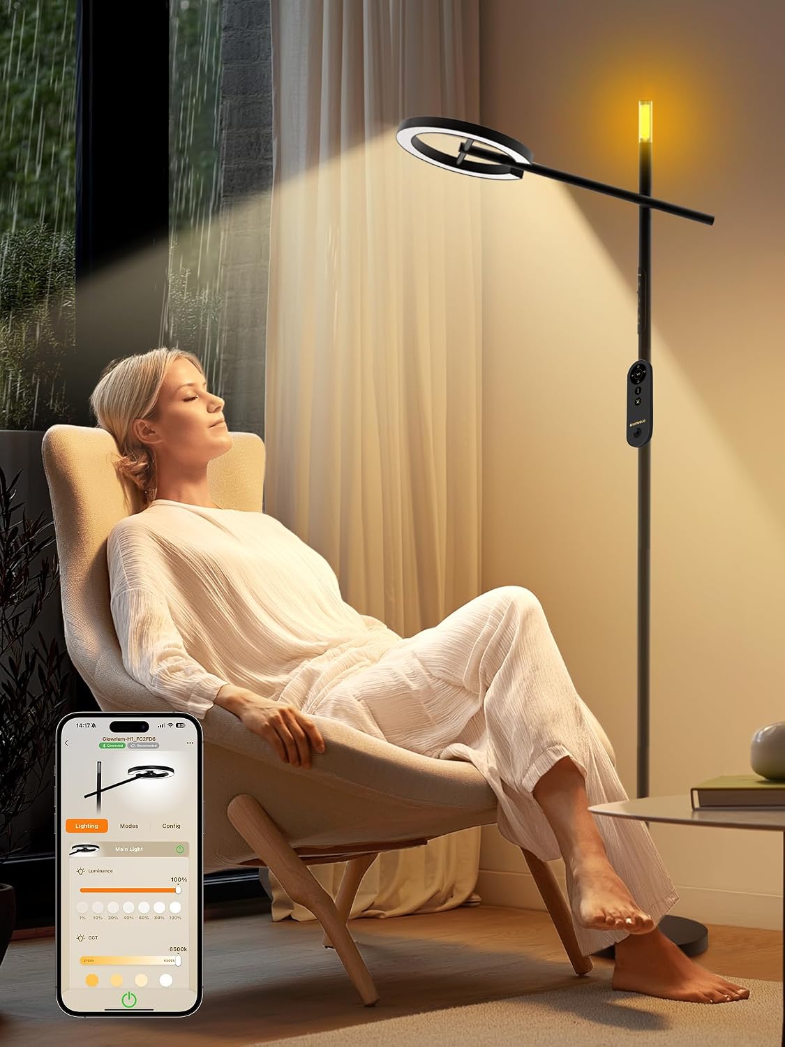 GLOWRIUM 24W LED Light Therapy Lamp,10000 Lux UV-Free Full Spectrum Reading Light, 71″ Tall Dimmable Standing Lamp with App & Remote, Timer & Adjustable Color Temperatures for Living Room Reading