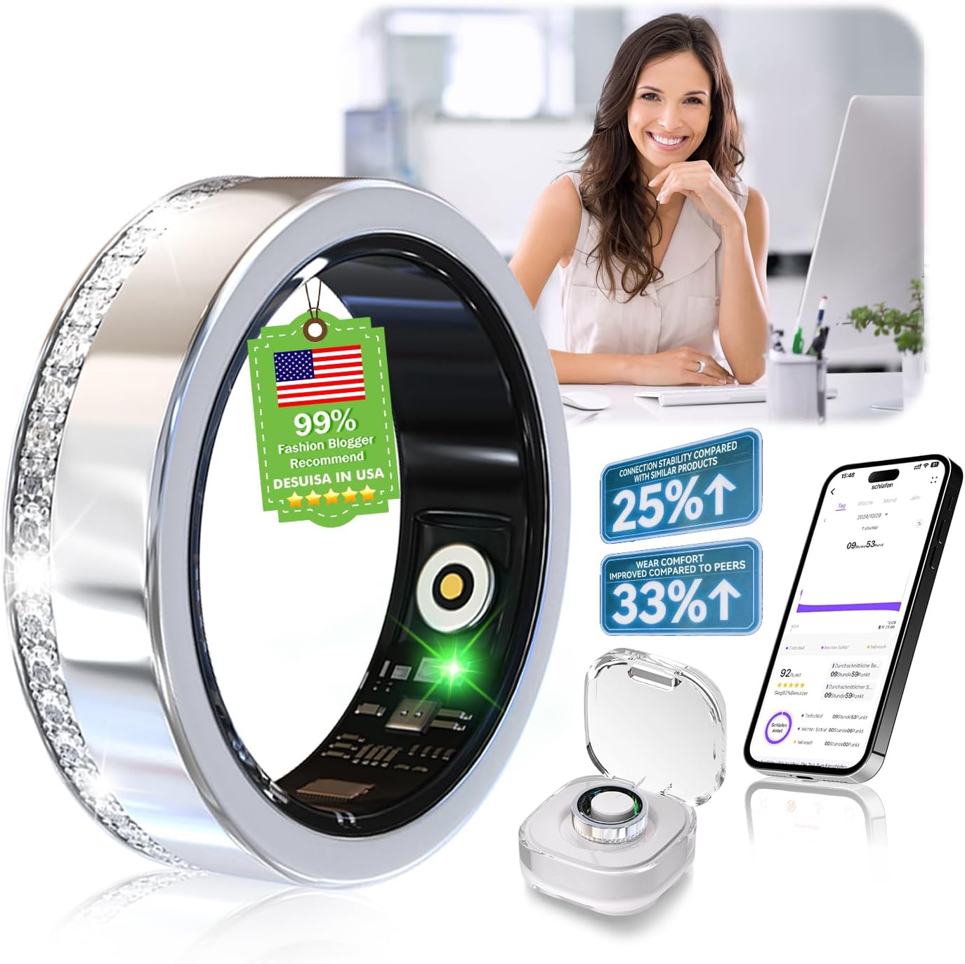 10 Gen Diamond Smart Ring and Wireless Charging Case【Industry Ranking No.1 – 0 Measurement Error】 2026 Smart Ring for Women & Men for Sleep Tracking Wearable Device,Fitness Ring 9#