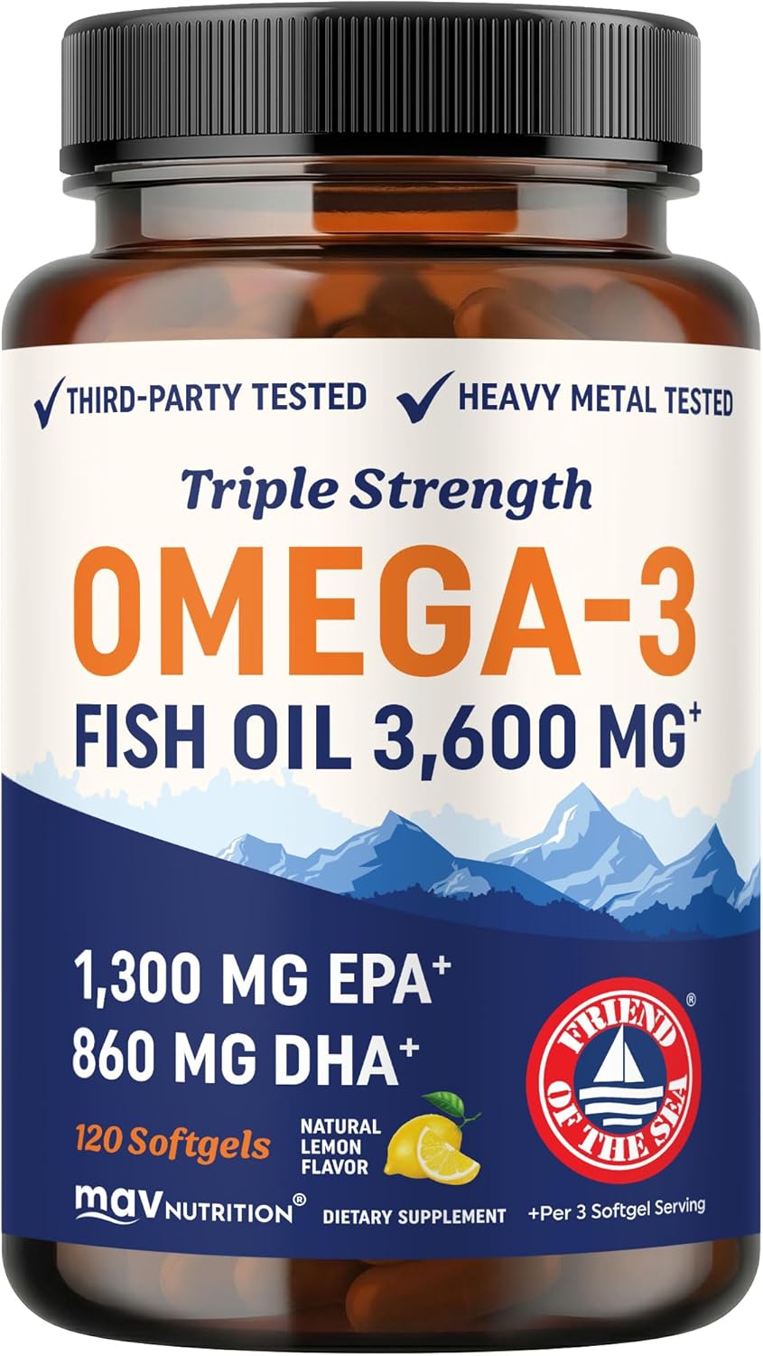 Triple Strength Omega 3 Fish Oil 3600 mg | EPA & DHA | Over 2100mg Omega-3 Fatty Acids | 1300mg EPA + 860mg DHA | Best Essential Fatty Acids | Premium Wild Caught & Burpless Fish Oil | 120 Ct