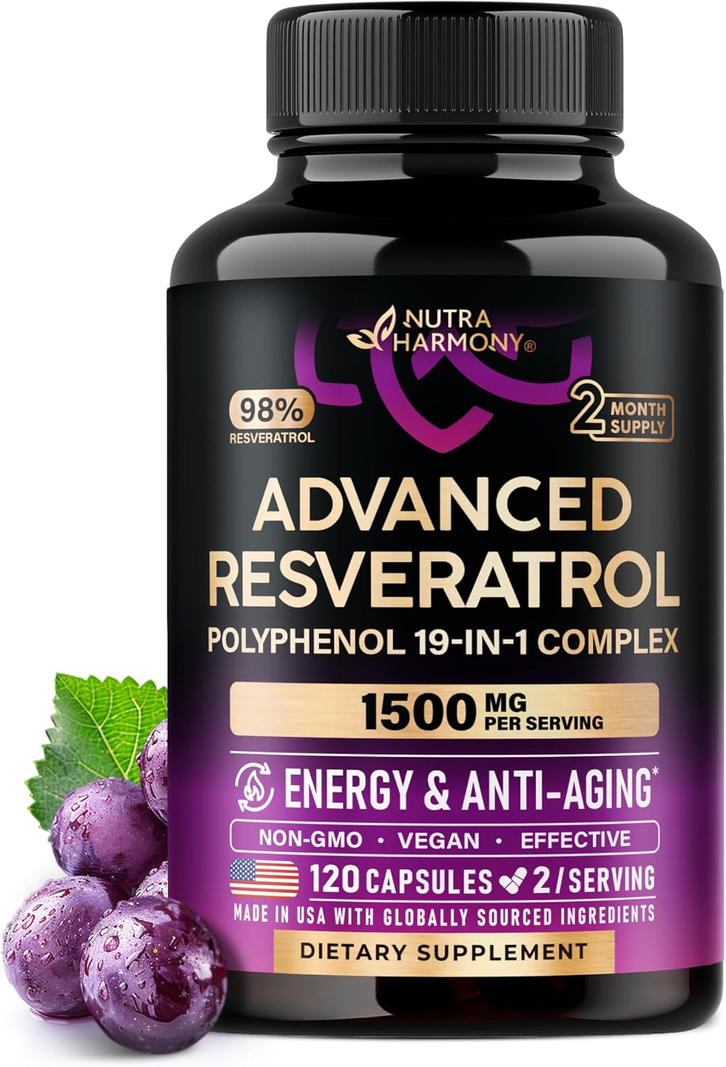 Resveratrol Supplement – 19-in-1 Organic Polyphenol Complex – Noni Extract | Berberine | Quercetin | Apple Cider Vinegar | Acai – for Women & Men – Antioxidant & Heart Health Support – 120 Capsules