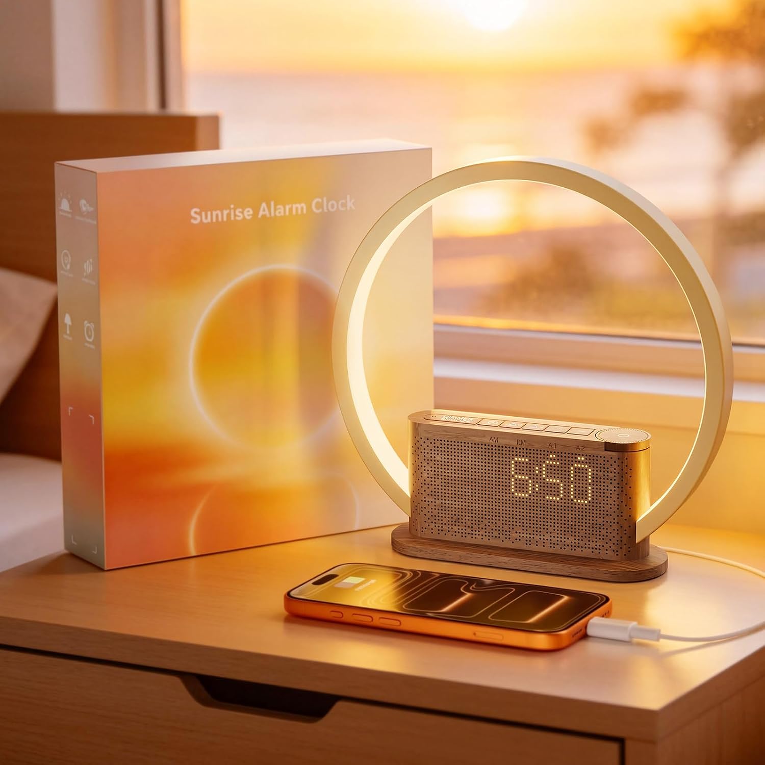 Alarm Clock with Sunrise & Sleep Sound Machine – Natural Wake-Up Light, Dual Alarms & Snooze, 20 Soothing Sounds, Dimmable Clock & Night Light, for Heavy Sleepers & Adults, Deep Wood Grain