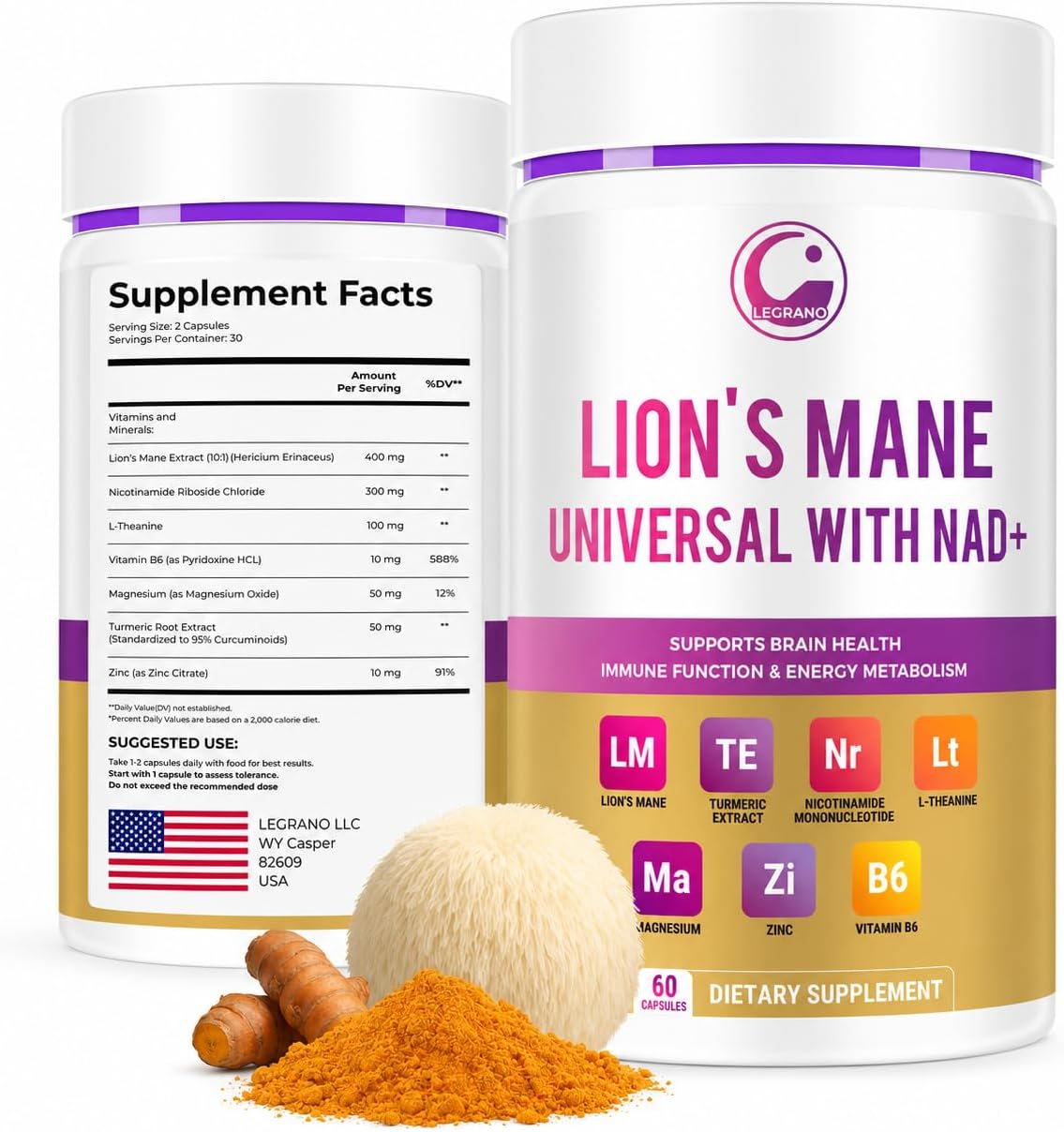 LEGRANO Lion’s Mane Capsules & NAD+ Supplement with Nicotinamide Riboside (NR), L-Theanine, Magnesium, Zinc, Vitamin B6 & Turmeric – Energy Formula for Focus & Brain Health – 60 Capsules