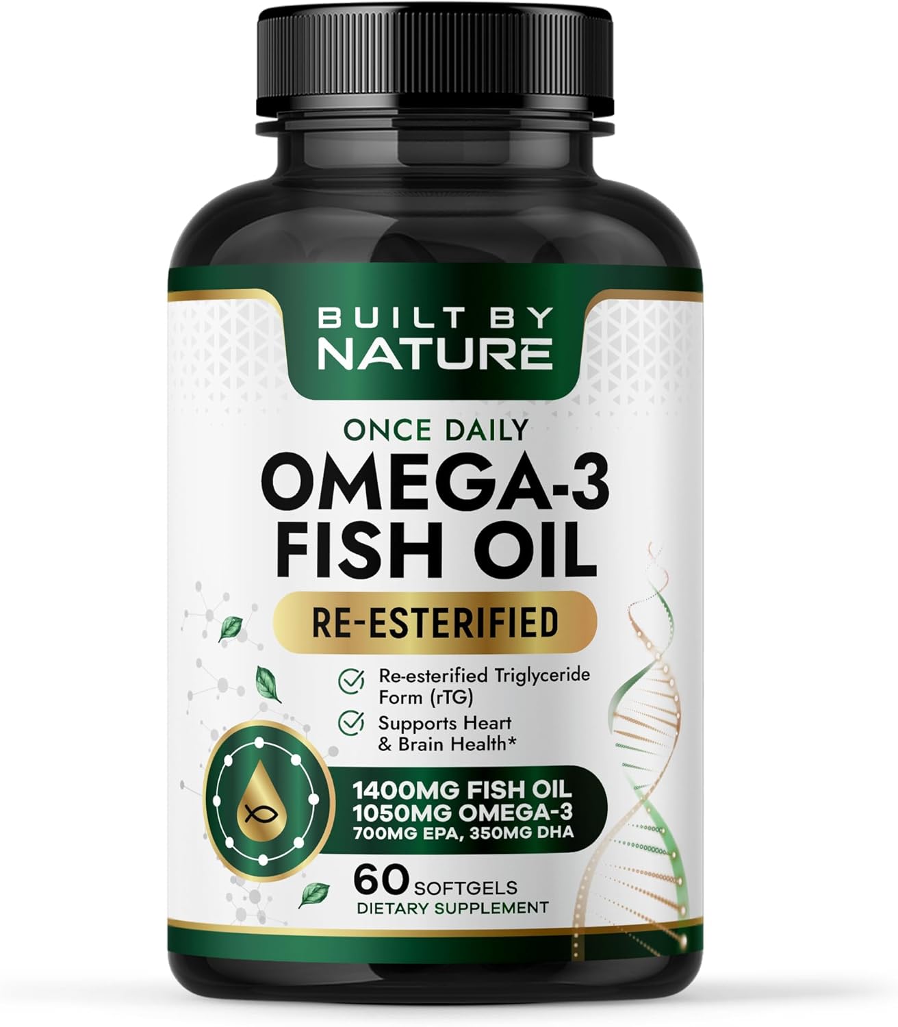 Built by Nature Omega 3 Fish Oil 1400 mg for Women & Men, 60 Softgels | Re-esterified Triglyceride Form (rTG), High EPA & DHA, Omega-3 Supplement