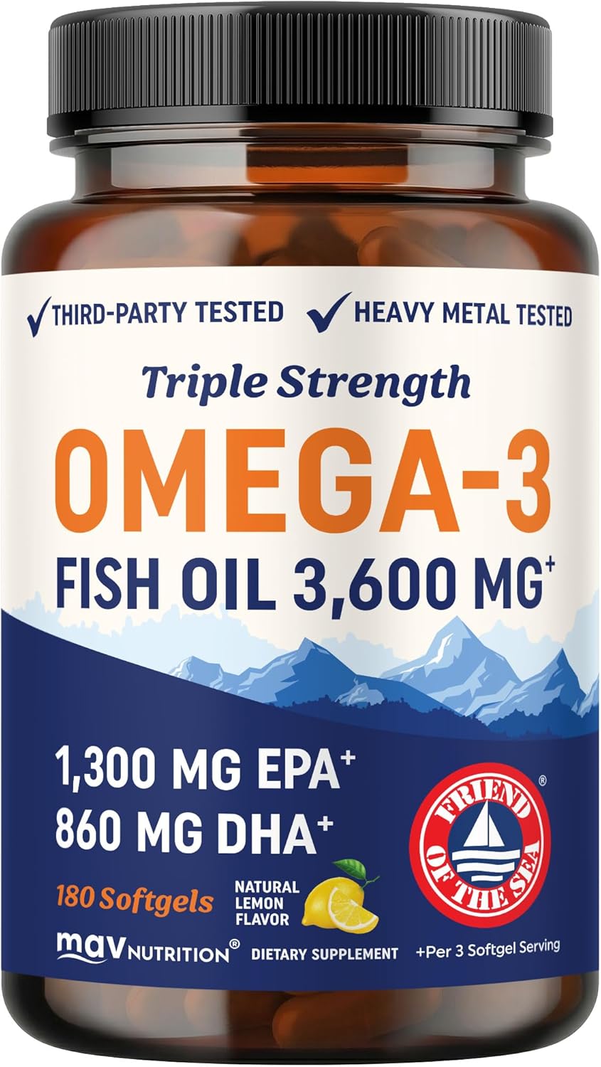 Triple Strength Omega 3 Fish Oil 3600 mg | EPA & DHA | Over 2100mg Omega-3 Fatty Acids | 1300mg EPA + 860mg DHA | Best Essential Fatty Acids | Premium Wild Caught & Burpless Fish Oil | 180 Ct