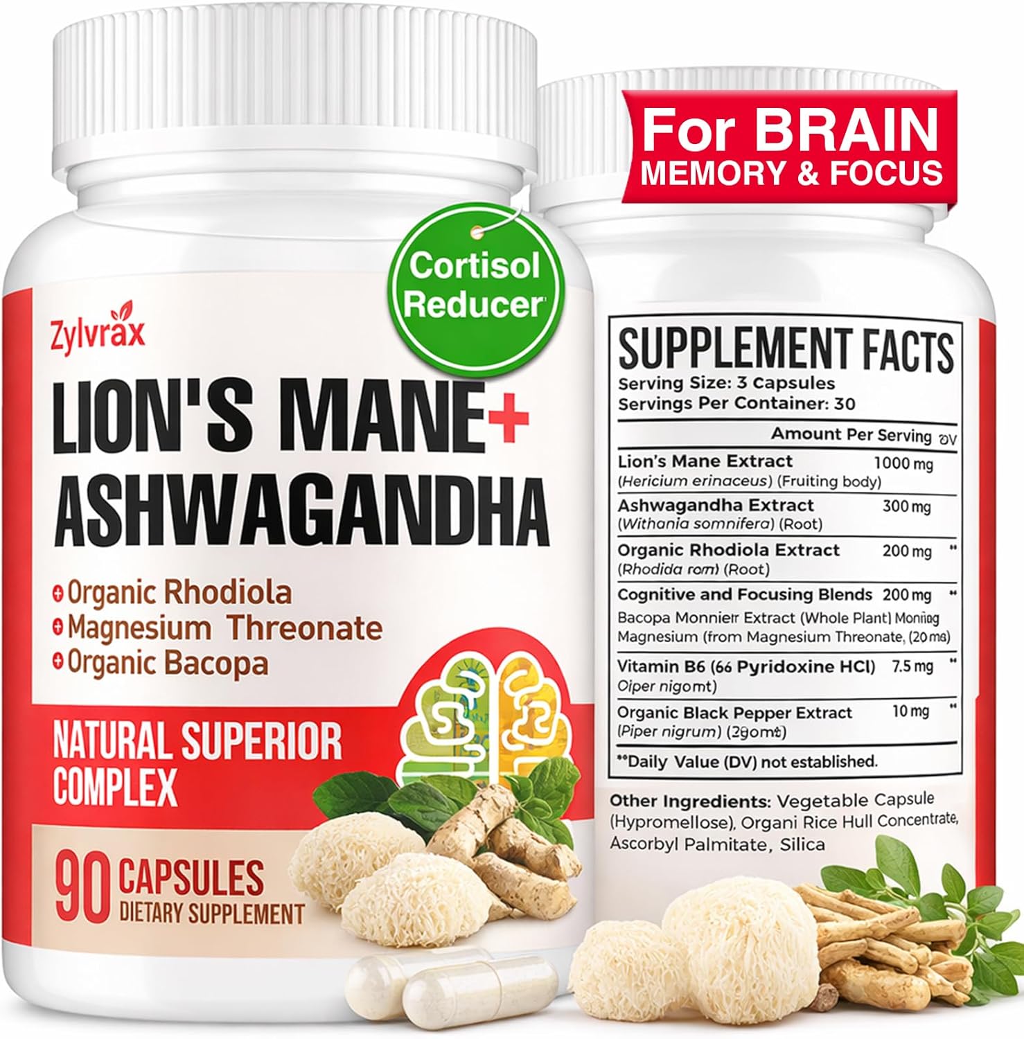 Ashwagandha & Lions Mane Supplements Capsules, Brain Supplements for Memory and Focus, Organic Ashwagandha with Rhodiola Rosea for Cognitive, Immune Support, Cortisol Supplement for Women, 90 Capsules