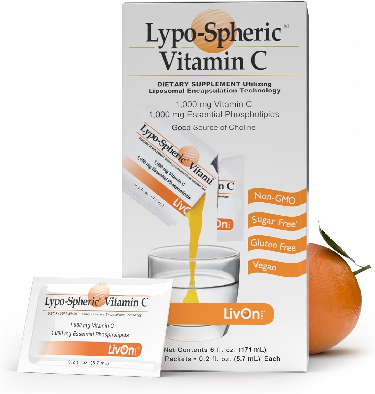 LivOn Laboratories Lypo–Spheric Liposomal Vitamin C 1000mg – No Sugar, Immune Support, Plant Based – Easy to Swallow, Absorbable – Non–GMO, Gluten Free (0.2 fl oz Individual 30 Packets)