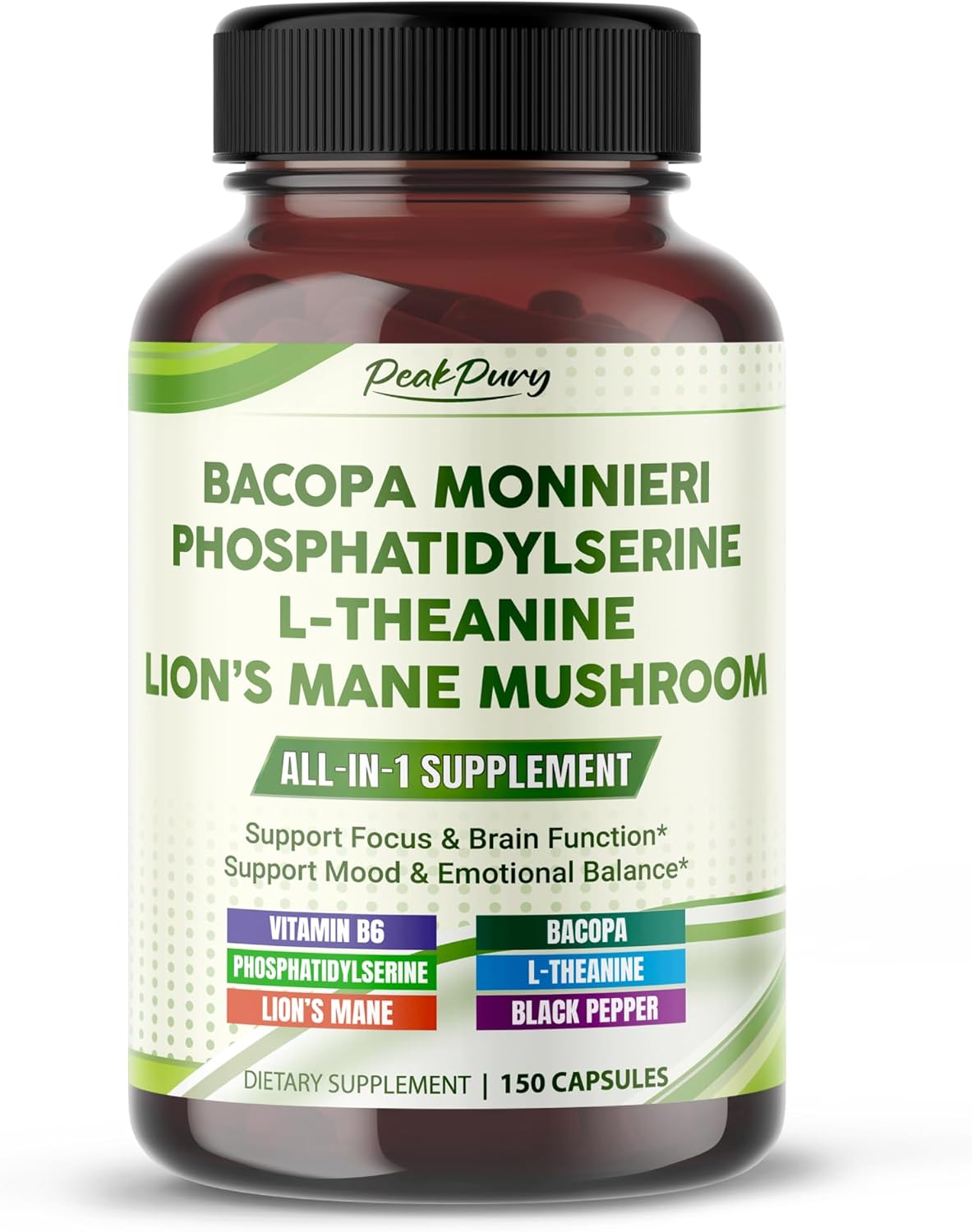 Bacopa, Phosphatidylserine, L-Theanine & Lion’s Mane – All-in-1 Supplement for Focus, Brain Function & Emotional Balance Support – 150 Capsules