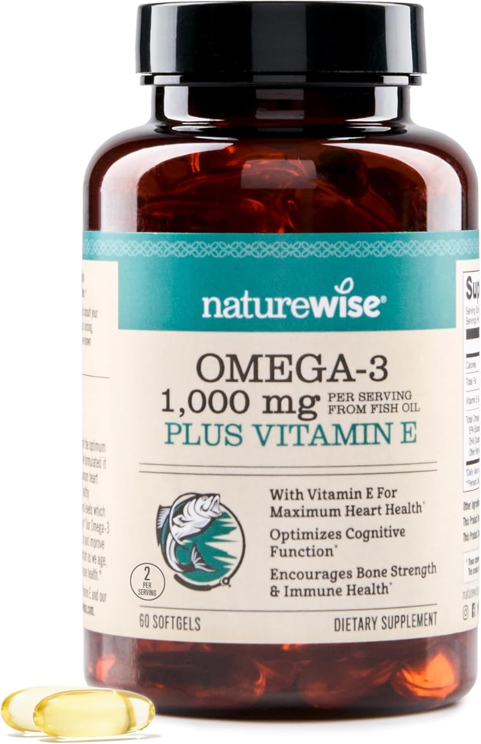 NatureWise Extra-Strength Omega 3 Fish Oil Supplement – 1000mg per Serving – 600 EPA & 400 DHA and Vitamin E – Sustainably Sourced Fish Oil – Lemon Flavor – 60 Softgels[1-Month Supply]