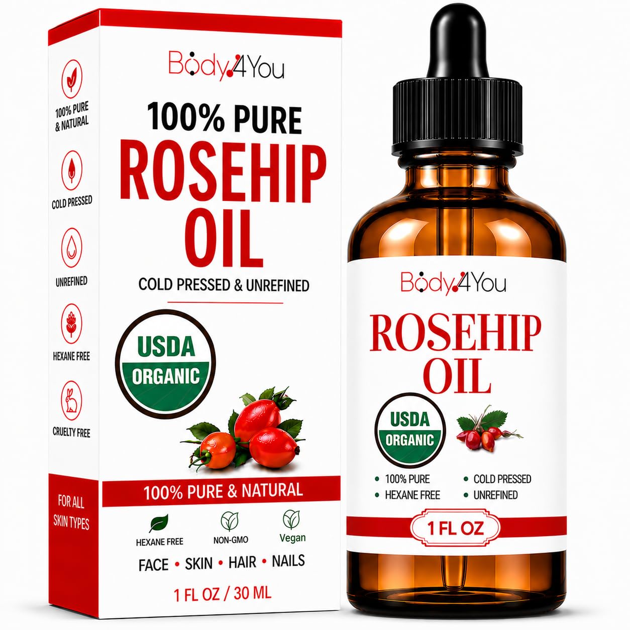 BodyJ4You Rosehip Oil for Face – 100% Pure Natural USDA Organic Cold Pressed – Hydrating Skin Hair Nails Anti-Aging Wrinkle Scar Treatment Gua Sha – Non-GMO Undiluted Carrier – Glass Bottle 1 Fl Oz