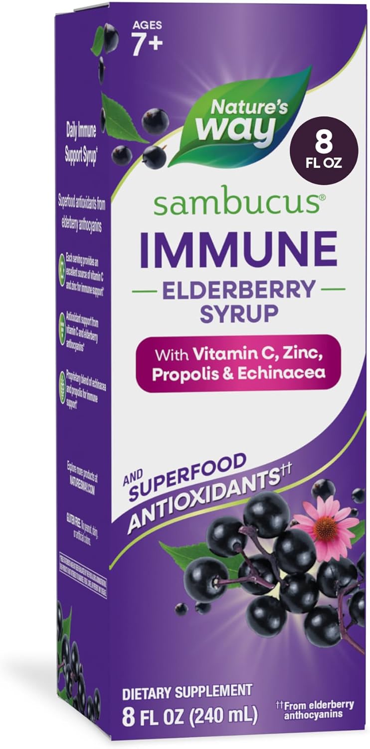 Nature’s Way Sambucus Immune Elderberry Syrup with Vitamin C, Zinc, Echinacea & Propolis, Concentrated Black Elderberry Extract, Immune Support with Superfood Antioxidants(1)*, Berry Flavored, 8 Fl Oz