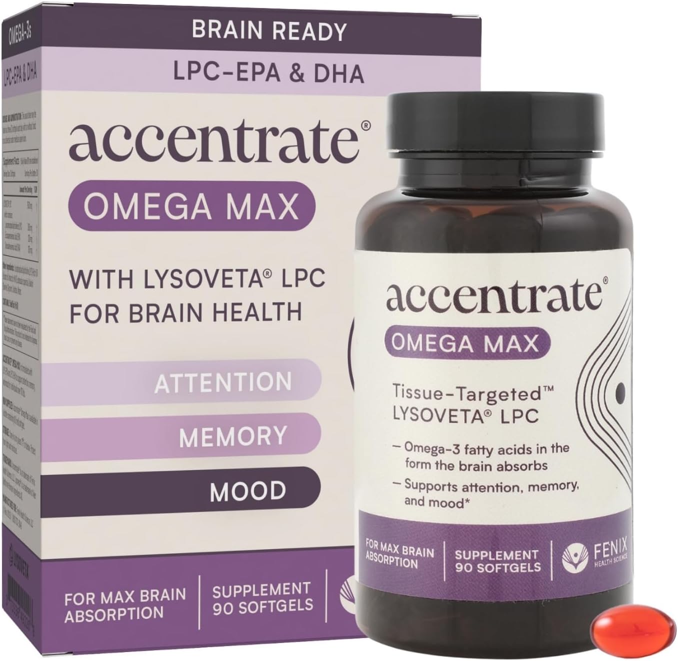 Omega Max w/LYSOVETA | High Potency LPC & Lyso-DHA Omega-3 Supplement | Brain Health, Focus & Mood | 6X Higher Absorption