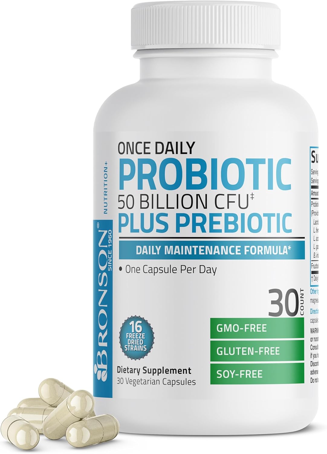 Bronson Once Daily Probiotic 50 Billion CFU Plus Prebiotic Daily Maintenance Formula One Capsule Per Day Non-GMO, 30 Vegetarian Capsules