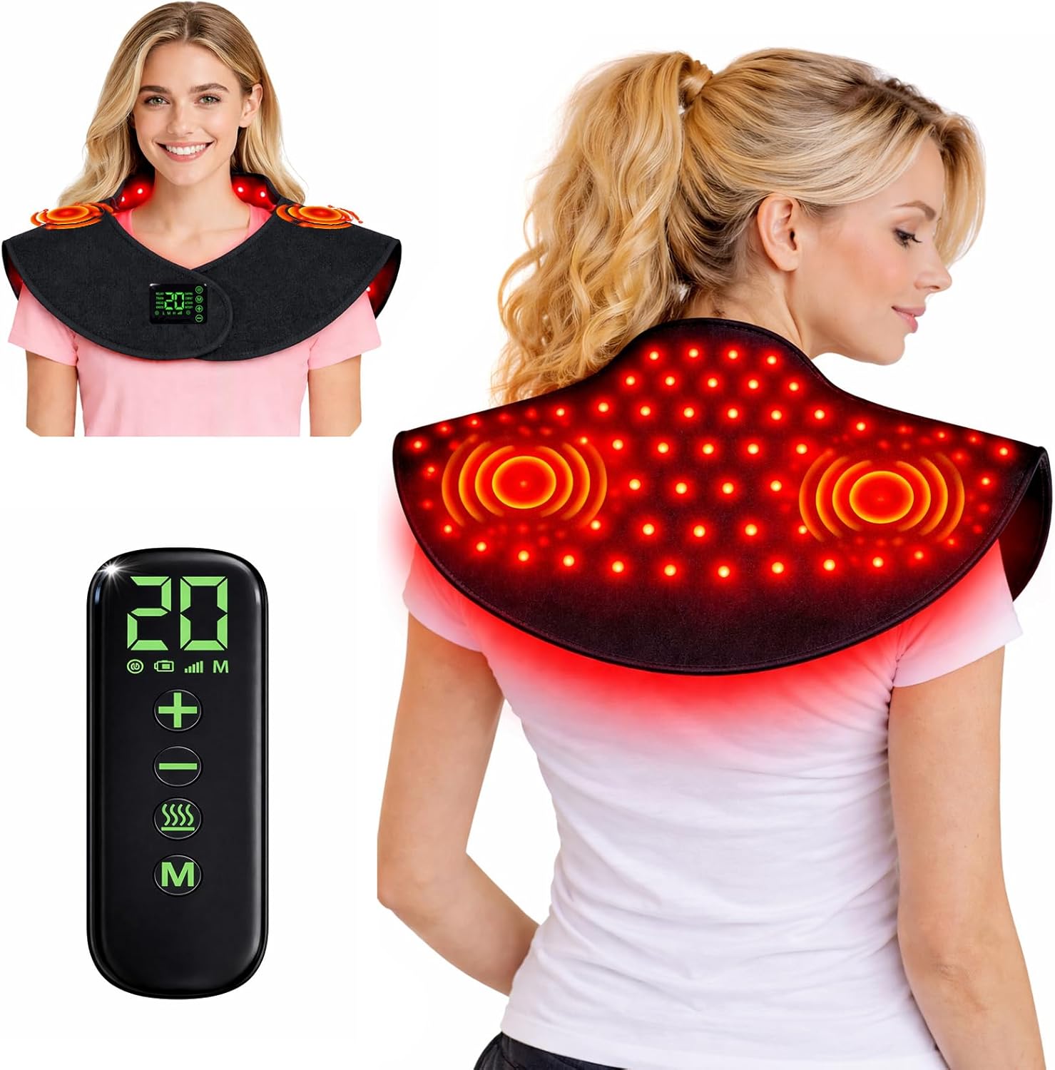 Red Light Therapy for Neck Shoulders Pain Relief, 204 LEDs Wearable Infrared Heating Wrap with Massager, Shoulder Relief, Pain Relief, Body Muscle Relax, 660nm & 850nm Infrared Red Light Therapy Pad