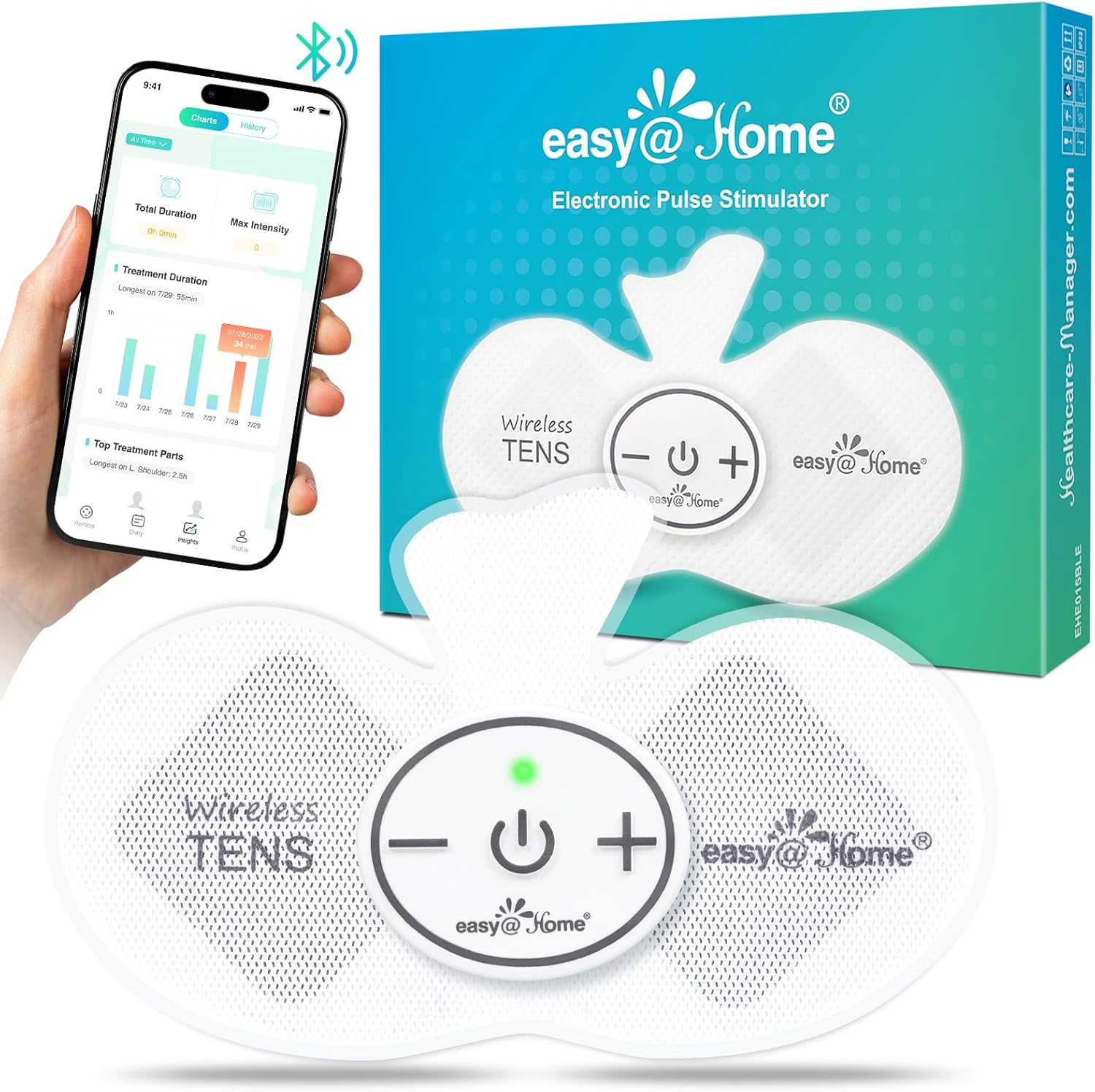 Easy@Home Wireless TENS Unit with APP Remote Control: Back Pain Relief Muscle Stimulator Massager | Powered by MyPainOff iOS & Android | EHE015BLE
