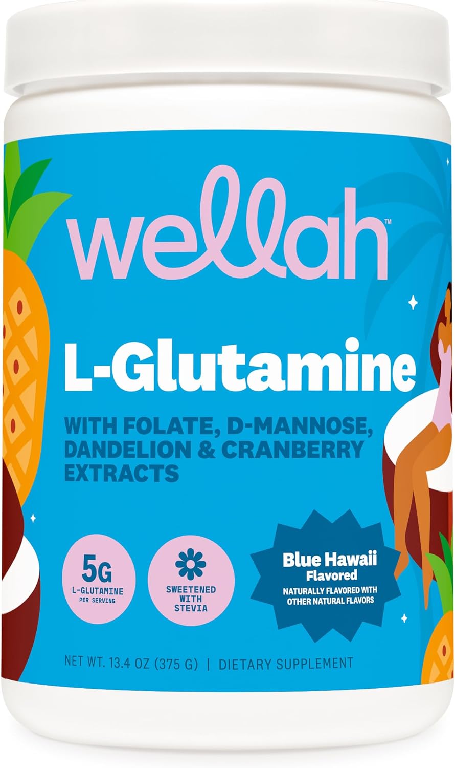 Wellah L-Glutamine Powder Blue Hawaii (50 Servings) – 5g L-Glutamine Per Serving, Sweetened with Stevia