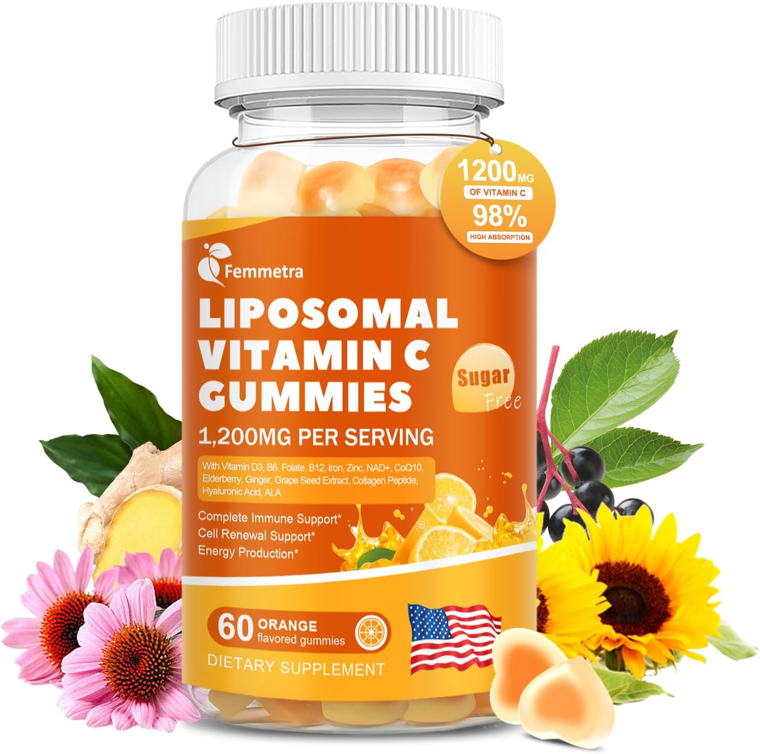 Liposomal Vitamin C Gummies for Adults, 1200mg Chewable Vitamin C Supplement with Elderberry, Zinc Iron & Folate etc – for Immune Support, Energy & Cell Health, Sugar Free, Orange Flavor, 60 Gummies