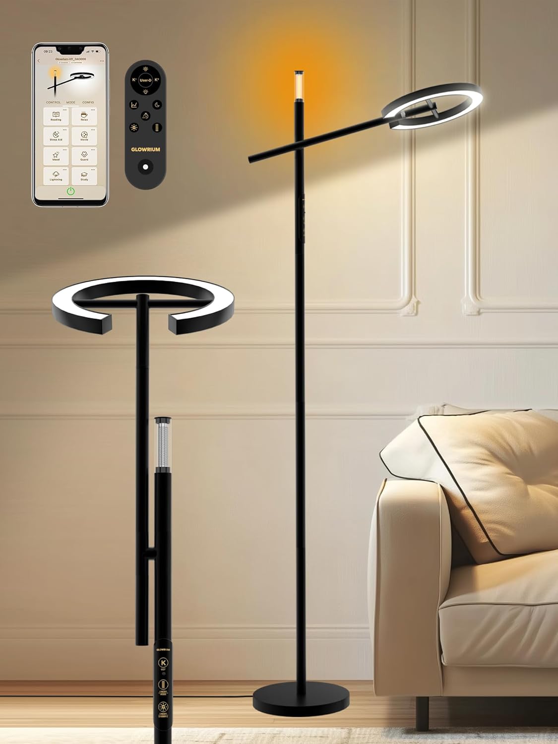 10000 Lux Light Therapy Lamp, UV-Free Sunlight Lamp, Happy Therapy Lamp, Smart Floor Lamp with Remote & App, 7 Brightness & 4 Color Temps, Full Spectrum Sun Lamp, LED Task Lamp Reading Floor Lamp