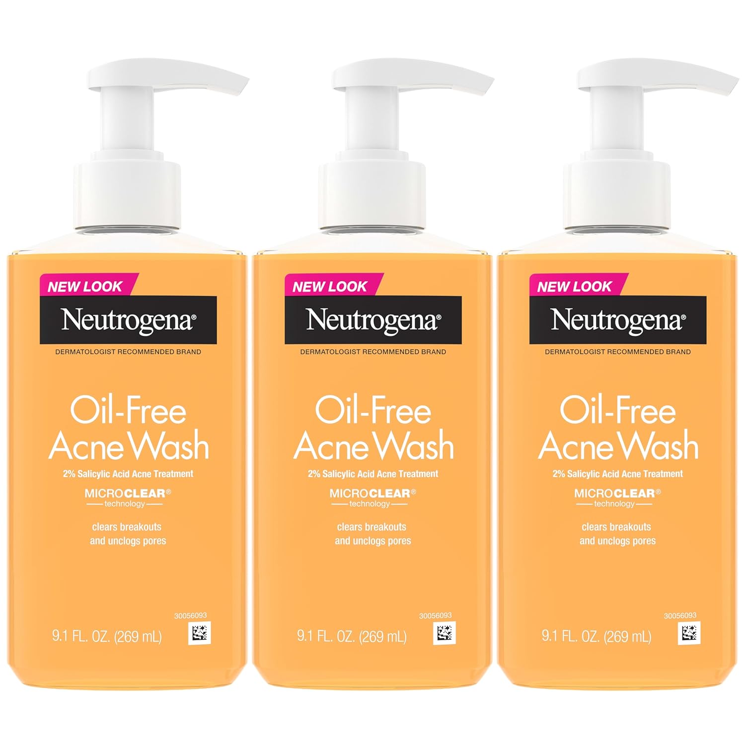 Neutrogena Oil Free Acne Face Wash for Oily Skin, Acne Control Cleanser with Salicylic Acid Noncomedogenic Residue-Free Facial Cleanser in Easy-Pump Bottles, 3 pack of 9.1 fl oz