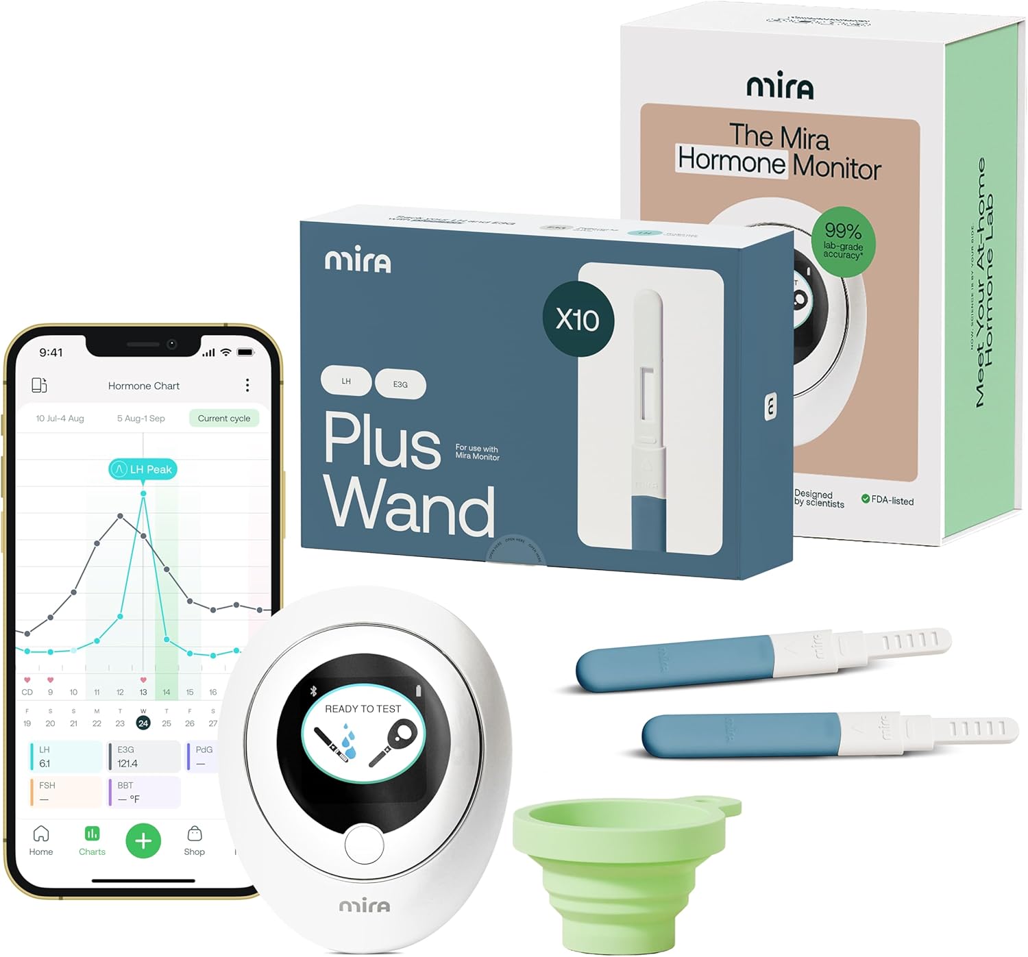 Mira Fertility Plus Tracking Monitor Kit with 10 Estrogen + LH Ovulation Test Wands and Connected App, Patented Smart System Predicts Ovulation with Actual LH and E3G Concentrations