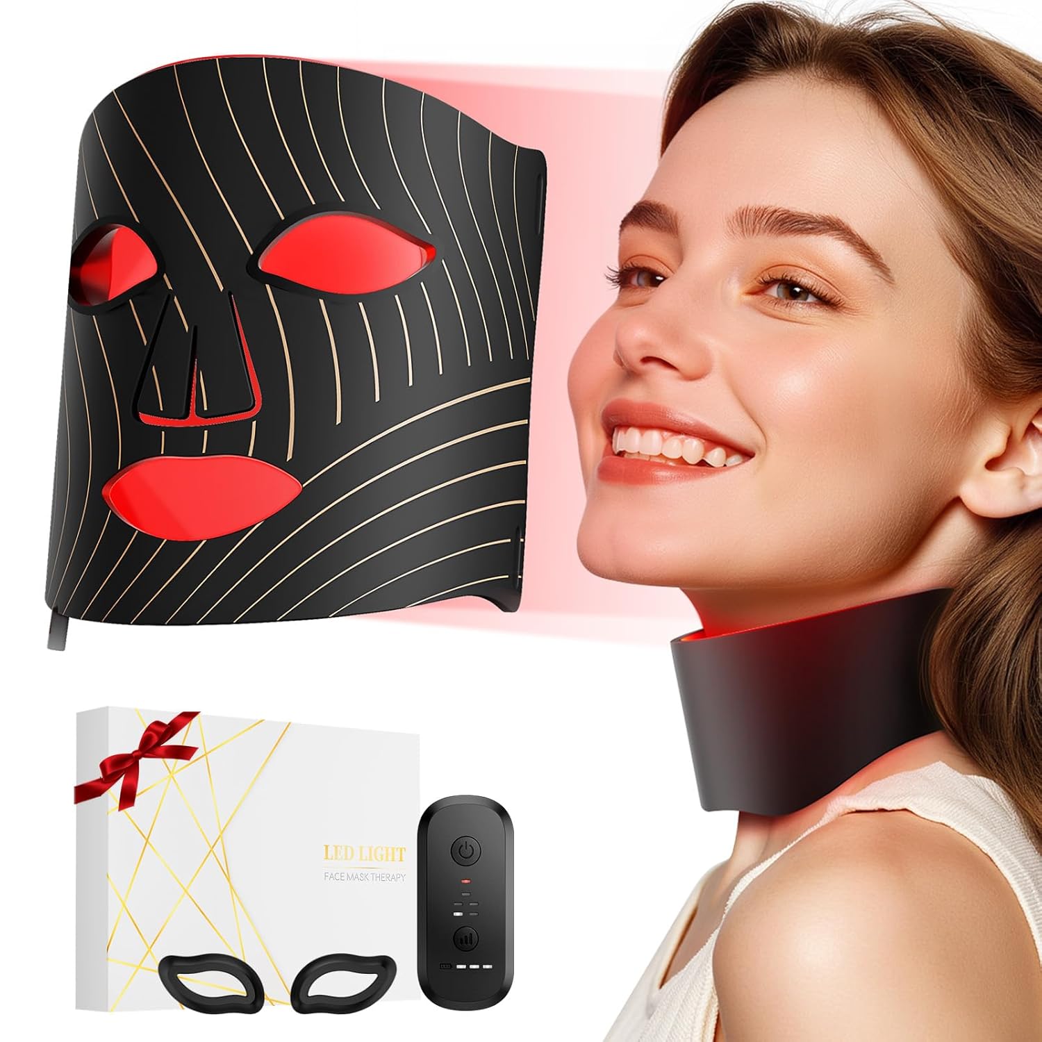 ONLUKY Red Light Therapy for Face,LED Face Mask Light Therapy with Neck Device,103 3-in-1 Light Beads,Remoter Rechargeable,Timing Function,Infrared Red Light Therapy Mask for Home
