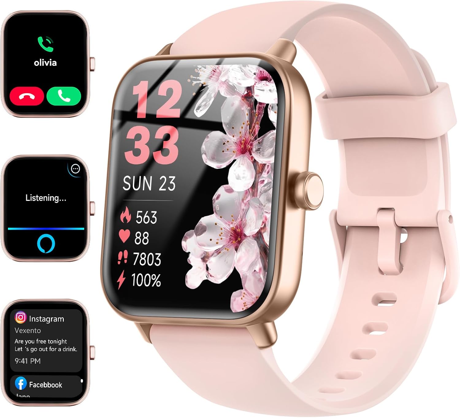 Quican Smart Watches for Women, Compatible for iPhone and Android Phones, Calling, Heart Rate/Sleep Monitor, Alexa, 1.8″ Fitness Tracker Watch, Waterproof, Gifts for Women, Silicone Band, Baby Pink