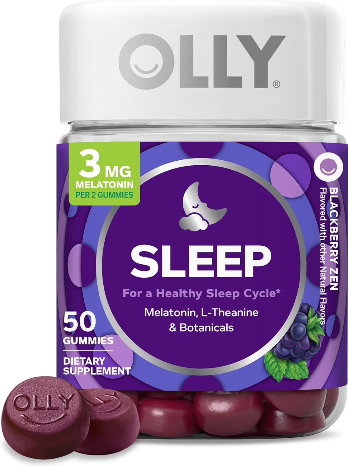 OLLY Restful Sleep Gummy Supplement with Melatonin & L-Theanine Chamomile, Blackberry Zen, 50 Gummies (25 Day Supply) Supports a Healthy Sleep Cycle* (Packaging May Vary)