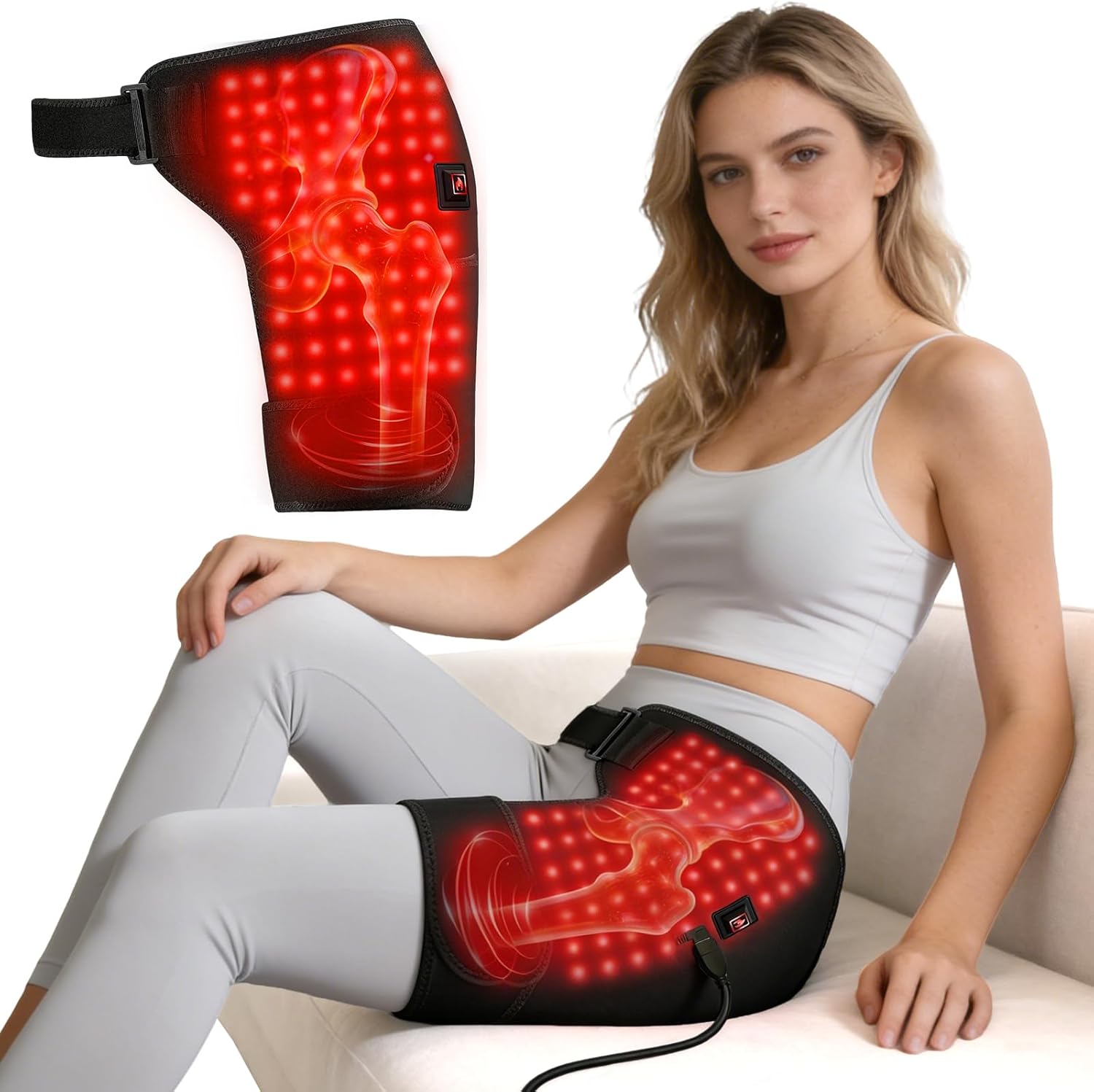 Red Light Therapy for Hip, 105 Lamp Beads USB Powered Hip Brace with 3 Heat Levels, Foldable Heating Pad for Legs, Thighs & Buttock, Unisex Wearable Red Light Hip Therapy Device