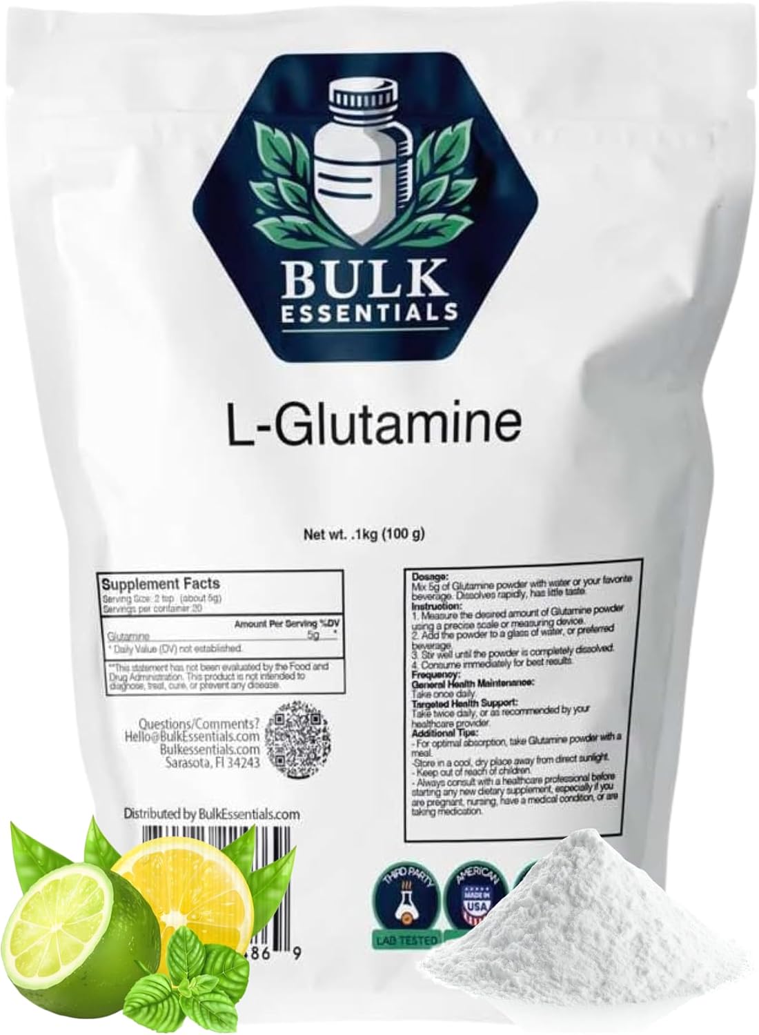 L-Glutamine Powder Supplement – 5g Pure Amino Acid for Muscle Recovery, Gut Health & Immune Support – Unflavored Fast Dissolving l glutamine for Women and Men – GMO Free – 100g