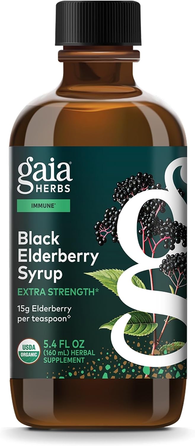 Gaia Herbs Black Elderberry Syrup – Made with Organic Black Elderberries (Sambucus nigra) for Immune System Support* – USDA Certified Organic Formula – 5.4 Fl Oz (About 32 to 128 Servings)