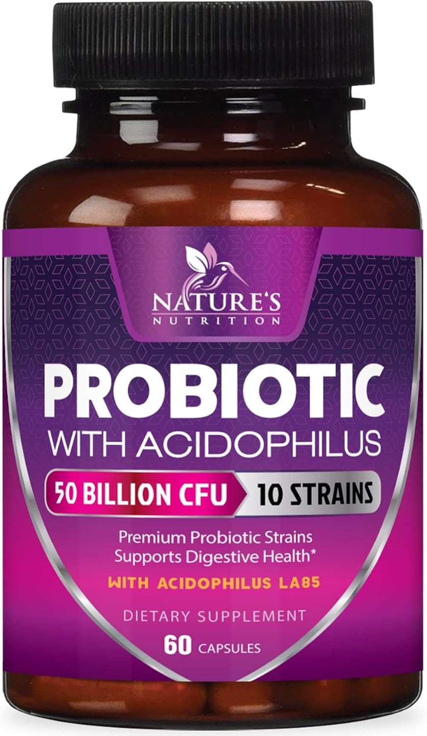 Probiotics – 50 Billion CFU per Capsule – 10 Strains & Prebiotics – Probiotics for Women & Men – Supports Digestive Gut Health, Bloating & Occasional Constipation – USA Bottled – 60 Capsules