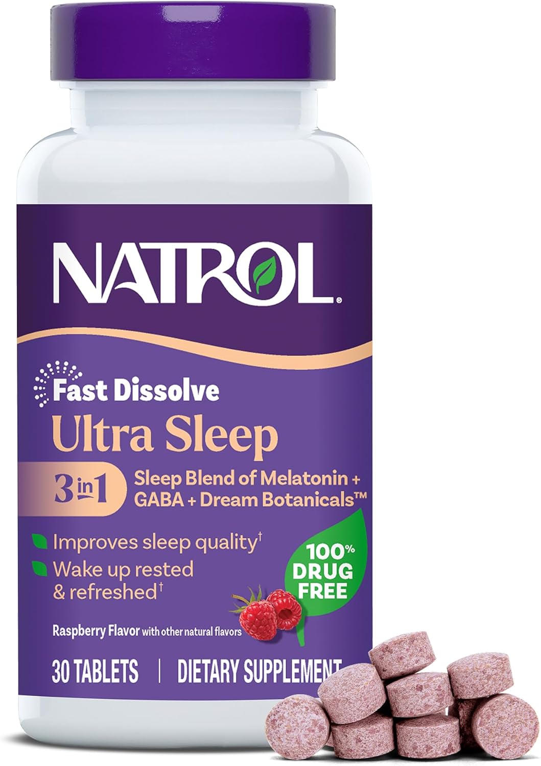 Natrol Ultra Sleep 3-in-1 100% Drug-Free Sleep Aid Blend with Melatonin, GABA & Botanicals, Dietary Supplement, Non-Habit Forming, 30 Fast Dissolve Tablets