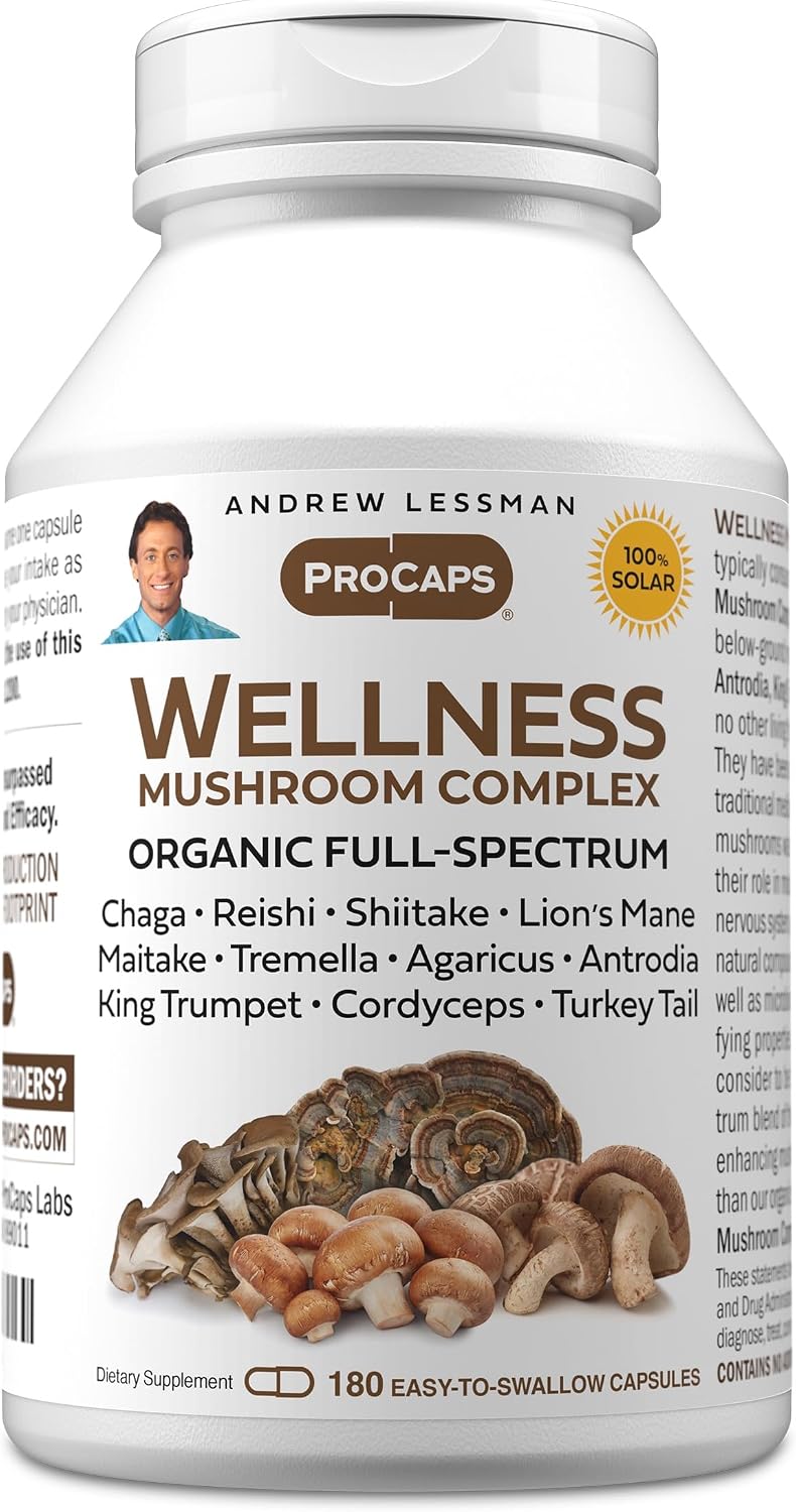 ANDREW LESSMAN Wellness Mushroom Complex 180 Capsules – Organic Full Spectrum Blend of 11 Mushrooms – Supports Overall Health and Vitality – No Additives. Mushroom Complex Supplement