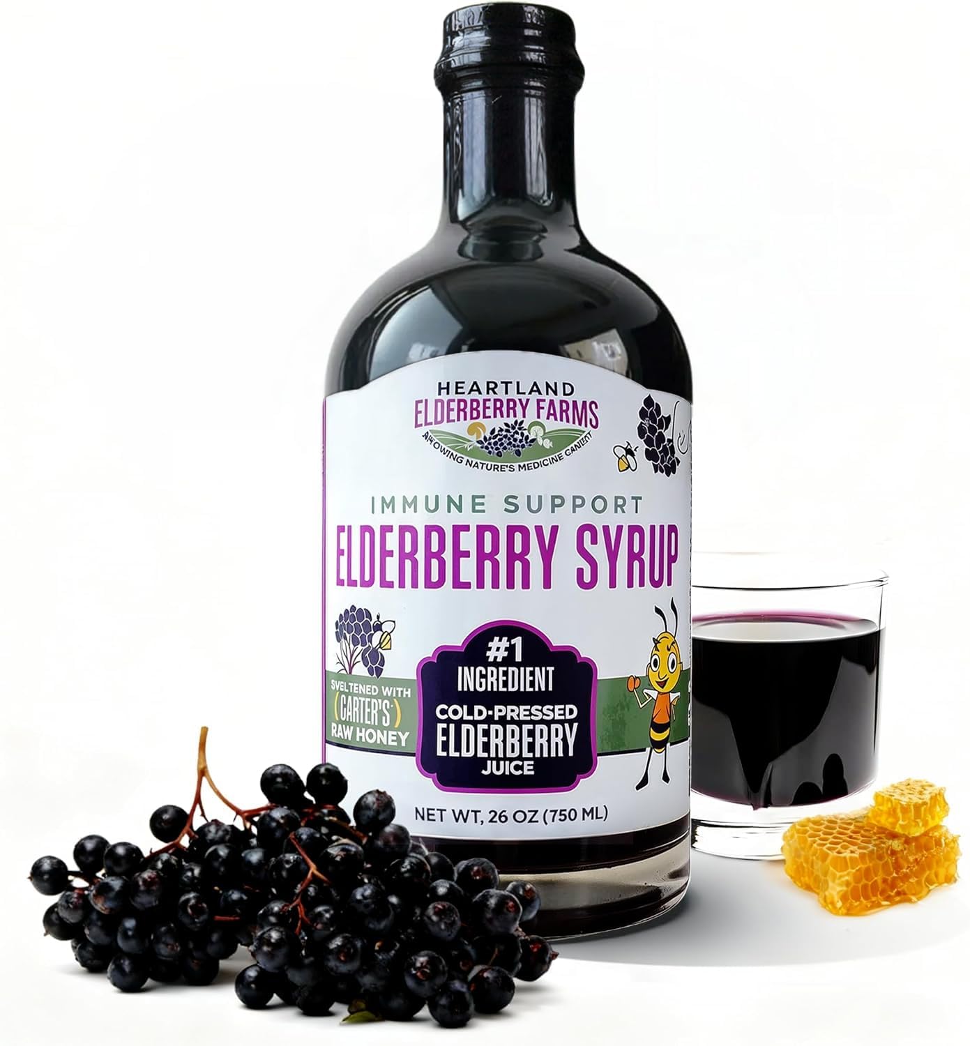 Heartland Organic Elderberry Syrup – Cold Pressed Elderberry Juice, Zero Water Added – Immune Support for Kids & Adults – Made with Raw Honey, Ginger, Cinnamon & Star Anise – 26 fl oz (750 ml)