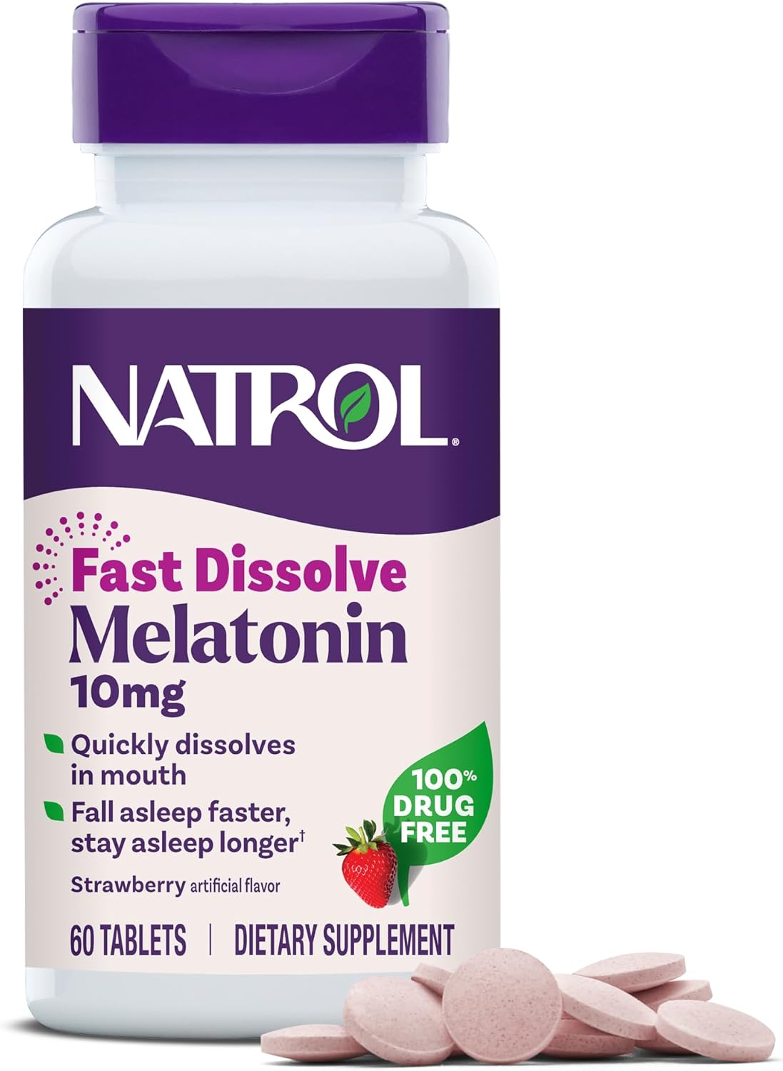 Natrol Melatonin 10mg Fast Dissolve Tablets, Strawberry Flavor, 60 Count, Sleep Aids for Adults, Fast Dissolve Melatonin for Adults, 60-Day Supply