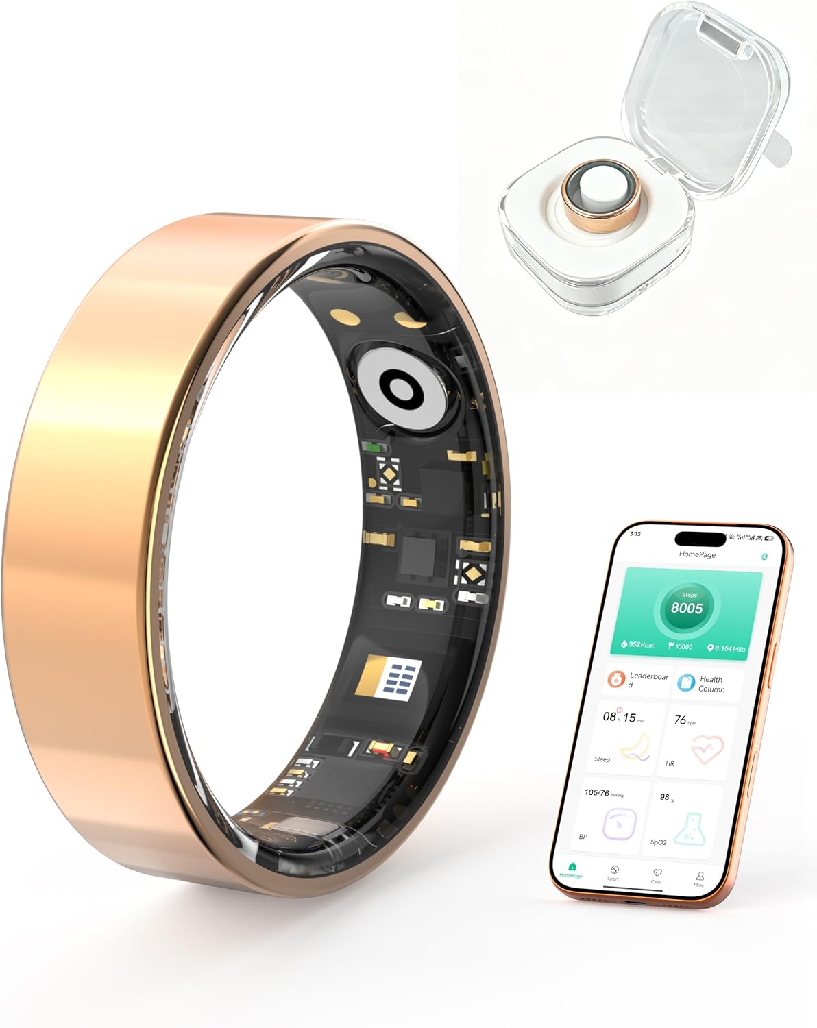 Smart Ring for Women,No Subscription Titanium Health Tracker Ring,Fitness/Sleep/Stress/Blood Oxygen/HR Tracker for Women&Men,IP68 Waterproof Fitness Ring Compatible with iPhone&Android (Rose Gold, 8)