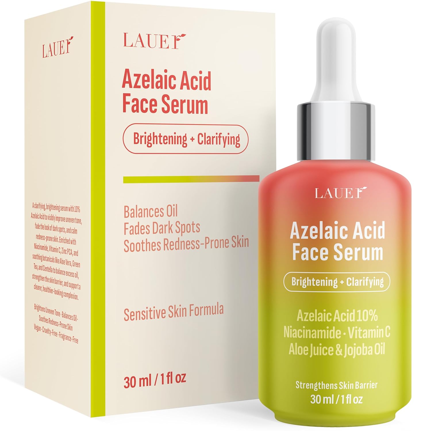Azelaic Acid Face Serum 10% for Women – Brightening & Clarifying Facial Serum with Niacinamide, Vitamin C, Hyaluronic Acid & Jojoba Oil – Redness & Dark Spot Balancing, 1 fl oz