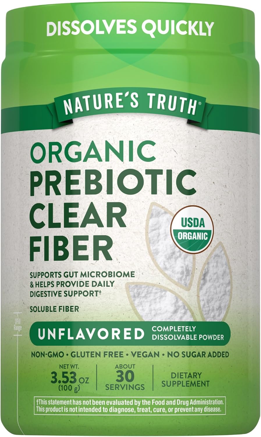 Nature’s Truth Prebiotic Fiber Powder Supplement | 3.53 Oz | Unflavored, Sugar Free and Organic | Vegan, Non-GMO & Gluten Free