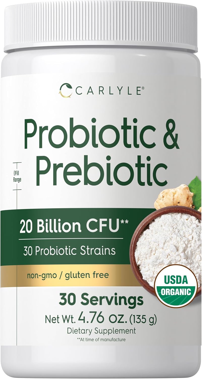 Carlyle Probiotic and Prebiotic Powder | 20 Billion CFU | 4.76 oz | Organic Fiber Blend | for Women and Men | Vegetarian, Non-GMO, Gluten Free Supplement