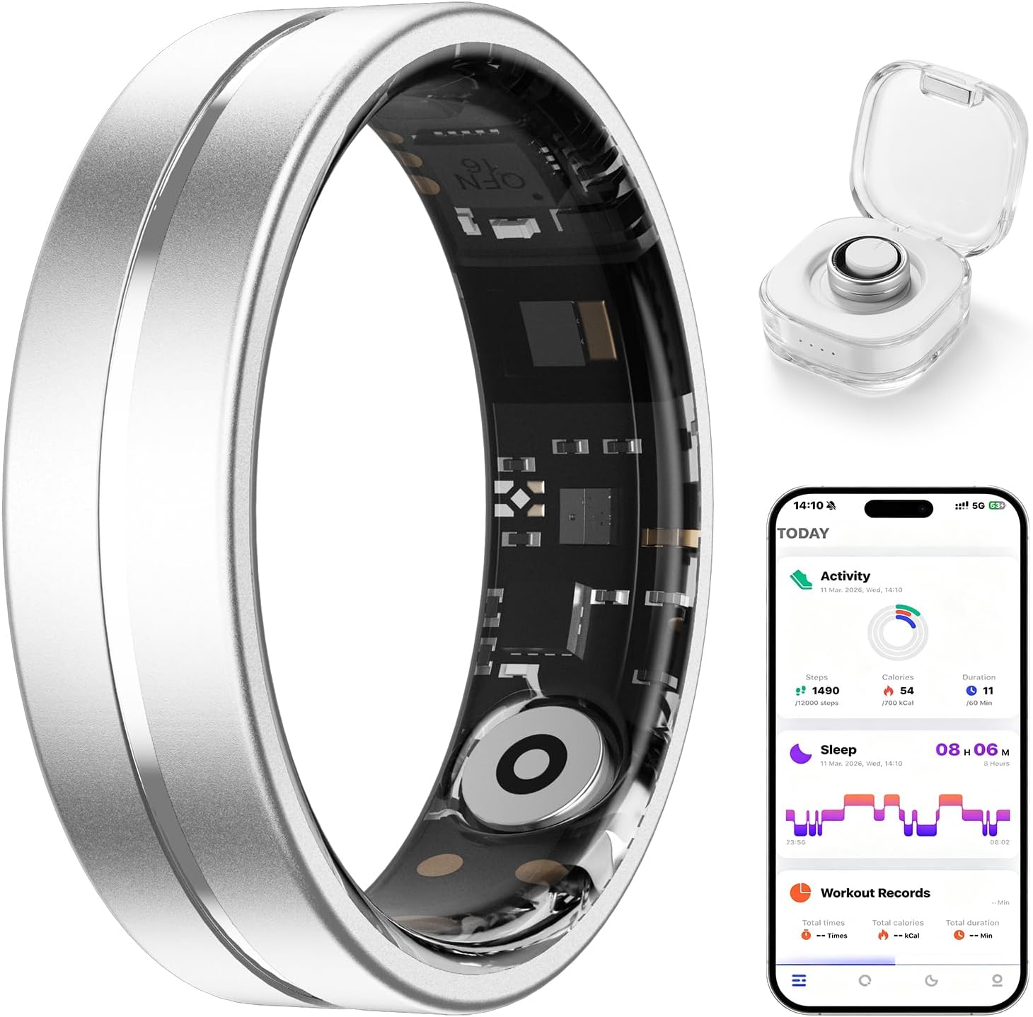 Smart Ring for Women Men, AI Health Fitness Tracker with Sleep, Heart Rate, Blood Oxygen, HRV, Stress, Gesture Photo, IP68 Waterproof, No Subscription, iOS Android (Matte Sliver,8)