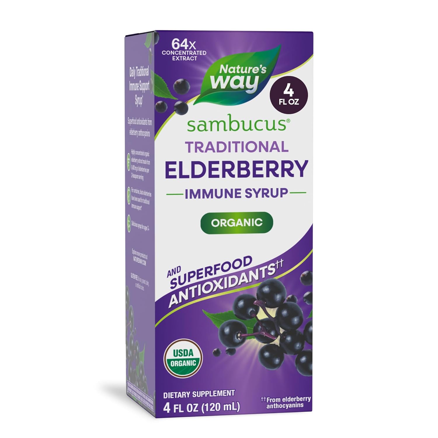 Nature’s Way Sambucus Organic Traditional Elderberry Syrup for Traditional Immune Support*, with Highly Concentrated Organic Black Elderberry Extract & Superfood Antioxidants, Berry Flavored, 4 Fl Oz