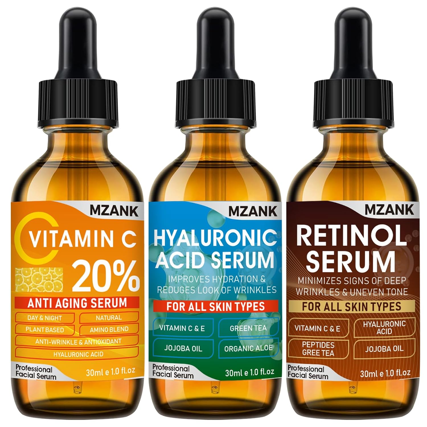 3 Pack Face Serum Set-Includes Vitamin C, Hyaluronic Acid & Retinol Serums for Face-Brightening,Hydrating, Anti-Aging,Boost Skin Collagen