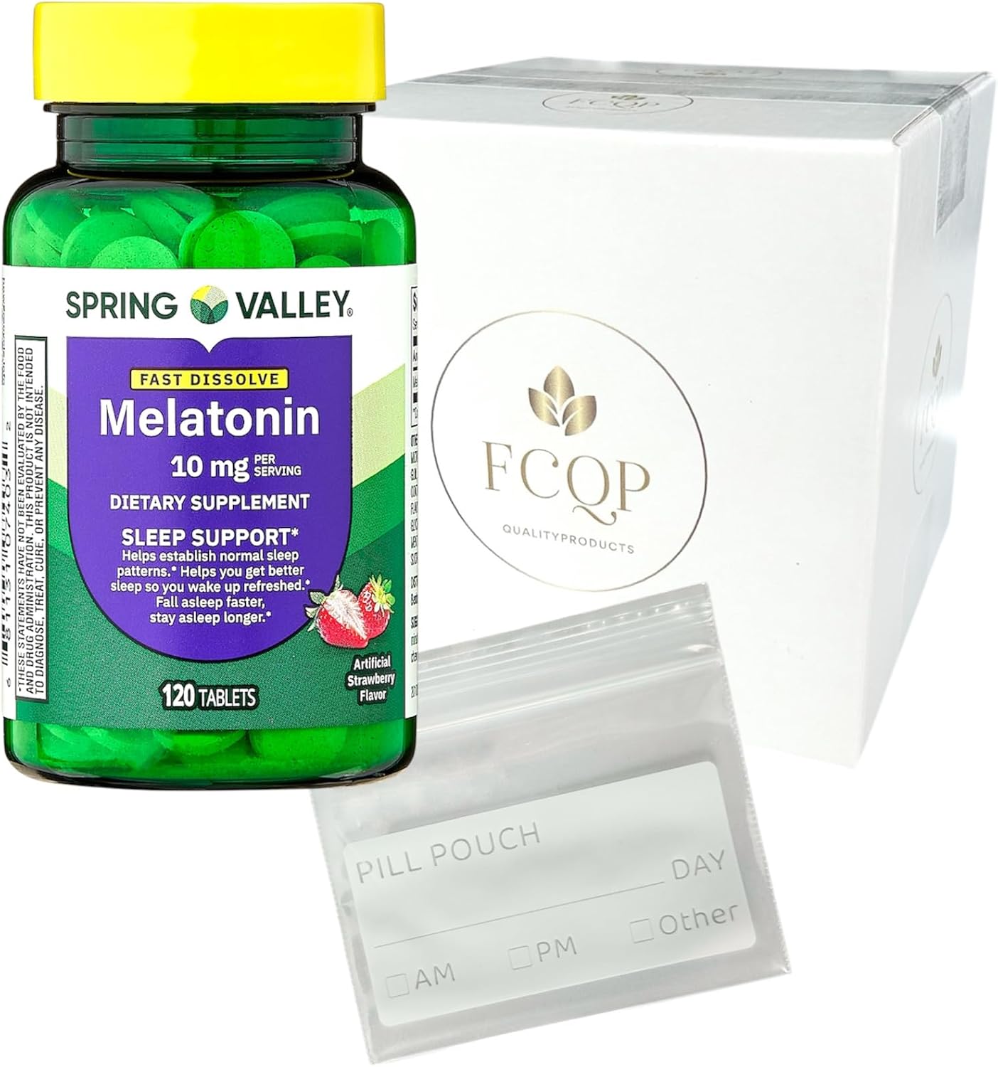 Spring Valley Melatonin Sleep Support, Strawberry Flavor, 10 mg, 120 Tablets Included is a Pill Pouch and a FCQP Sticker