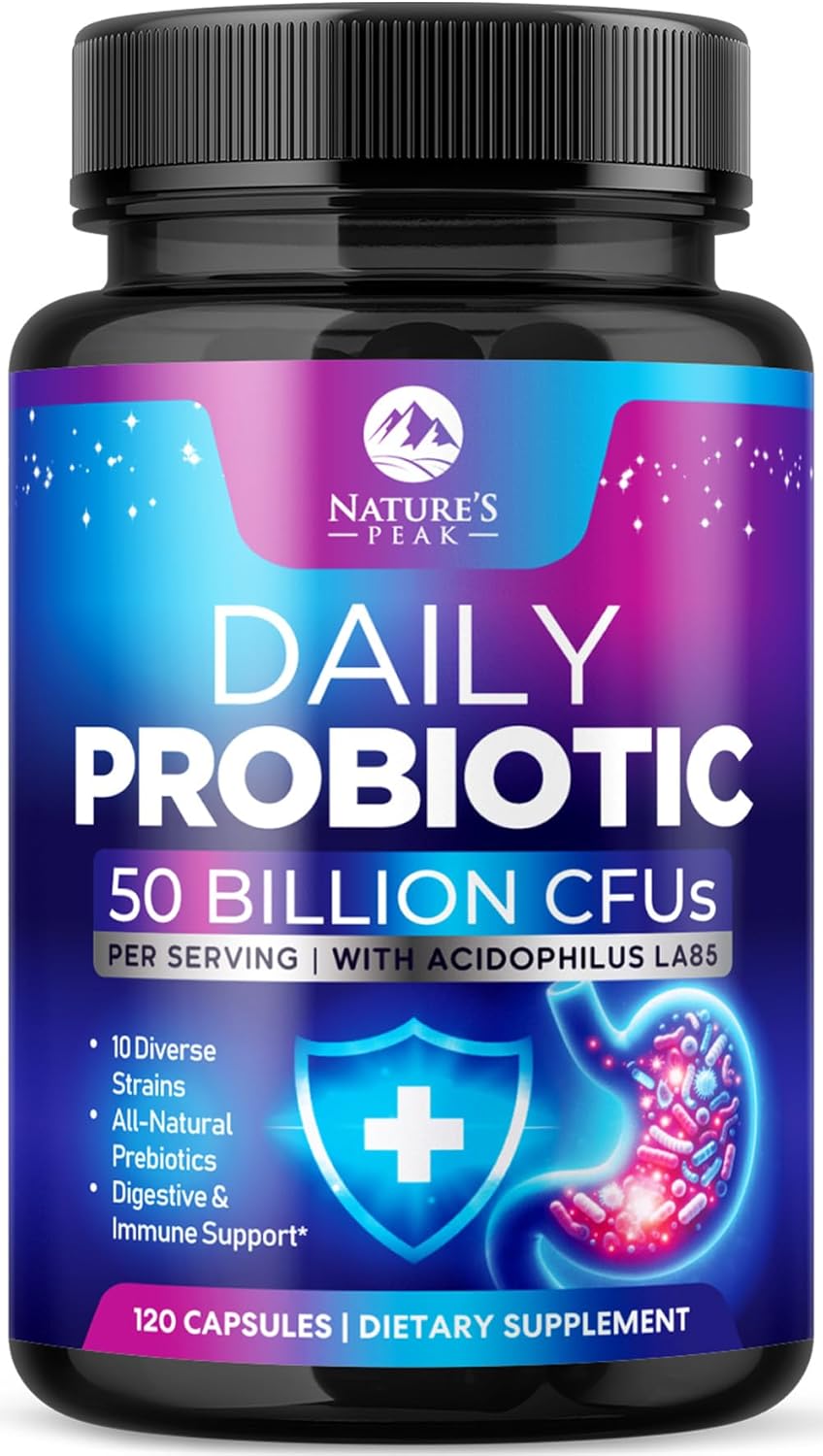 Probiotics 50 Billion CFU Per Serving – 10 Premium Strains + Digestive Enzymes & Prebiotics – Best Probiotic for Women & Men, Supports Immune, Gut Health, Constipation, Gas & Bloating – 120 Capsules