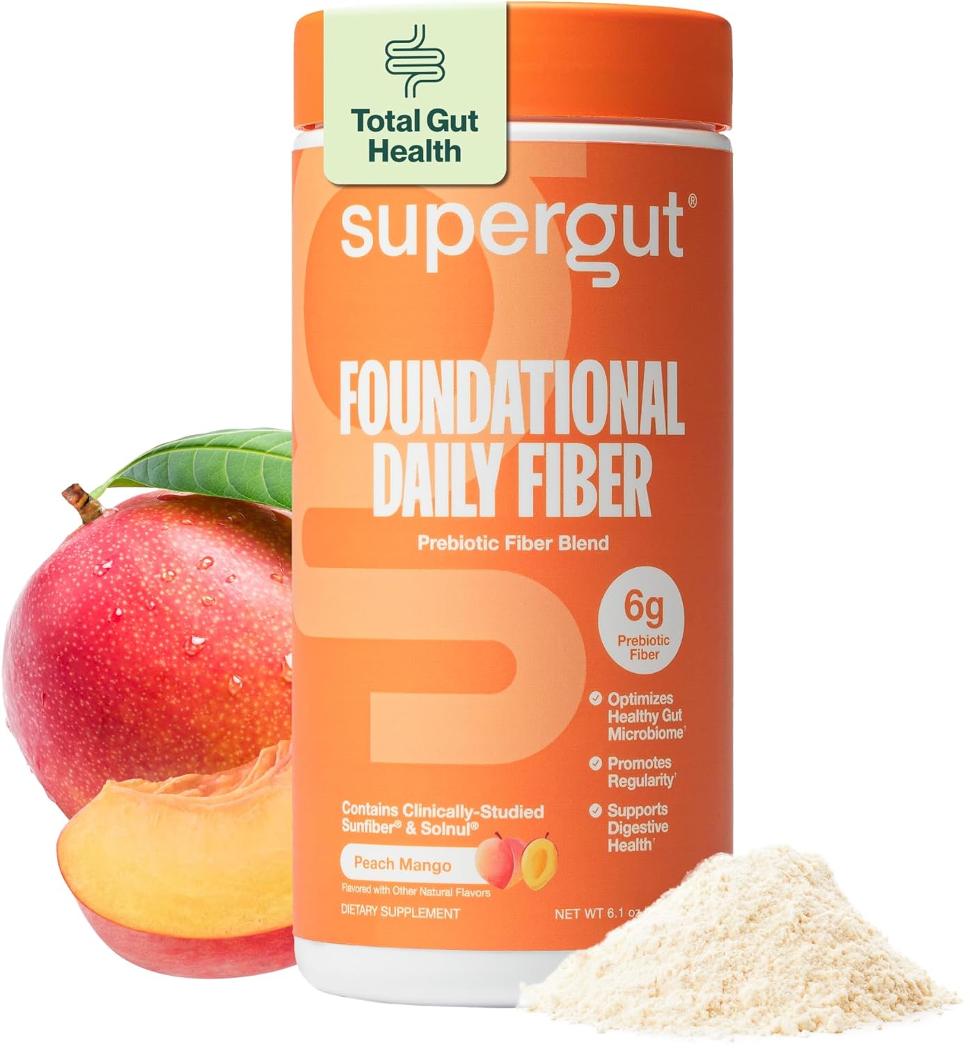 Supergut Foundational Daily Fiber Powder, Sugar Free & Vegan Prebiotic Fiber Blend for Gut Health & Digestive Support, Supplement for Men & Women with Solnul & Sunfiber, Peach Mango, 18 Servings