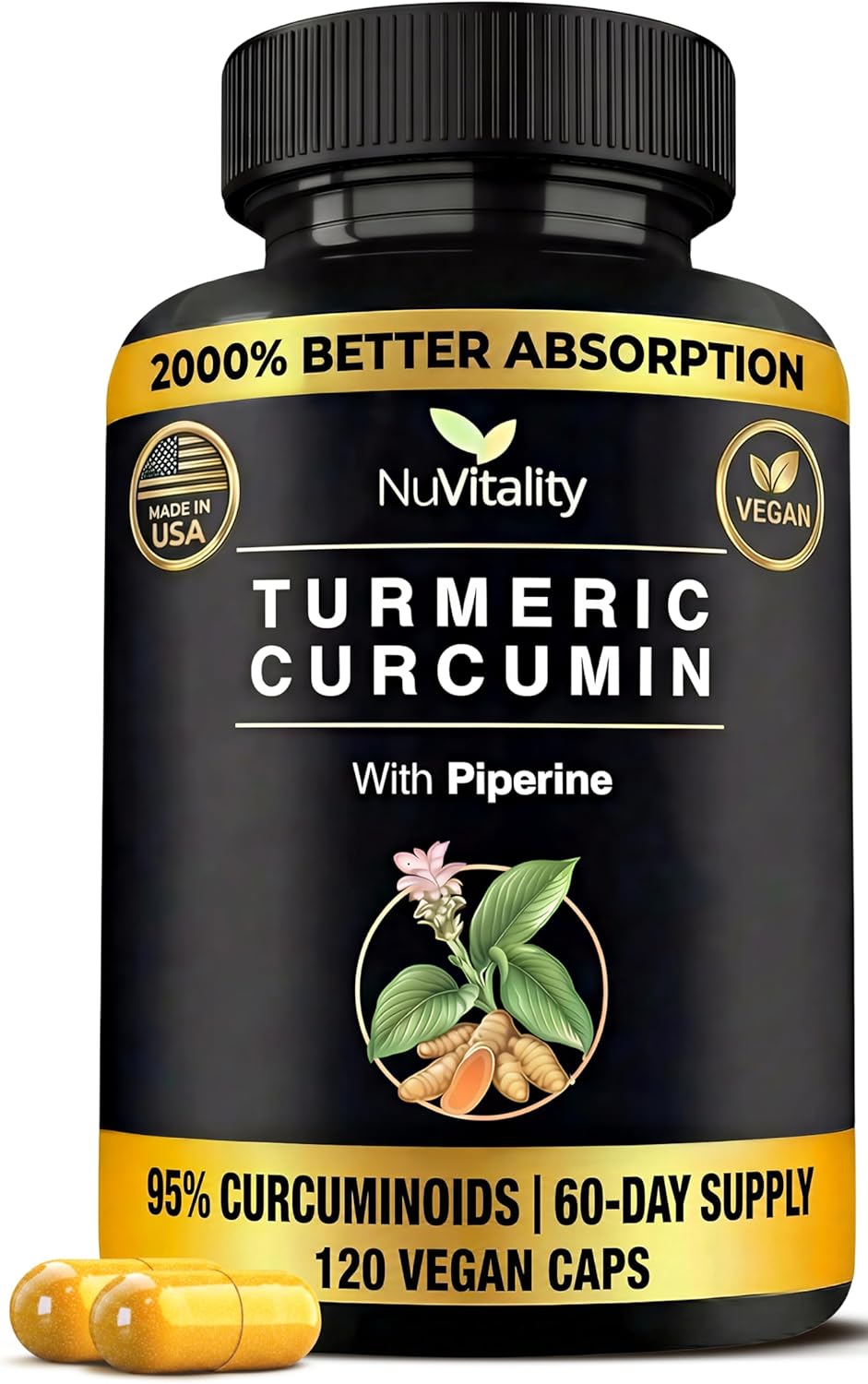 Turmeric Curcumin with Black Pepper Extract (Piperine) – 95% Curcuminoids Turmeric Supplement for Joint & Healthy Inflammation Support – Ultra High Absorption Vegan Tumeric Capsules – 120 Capsules