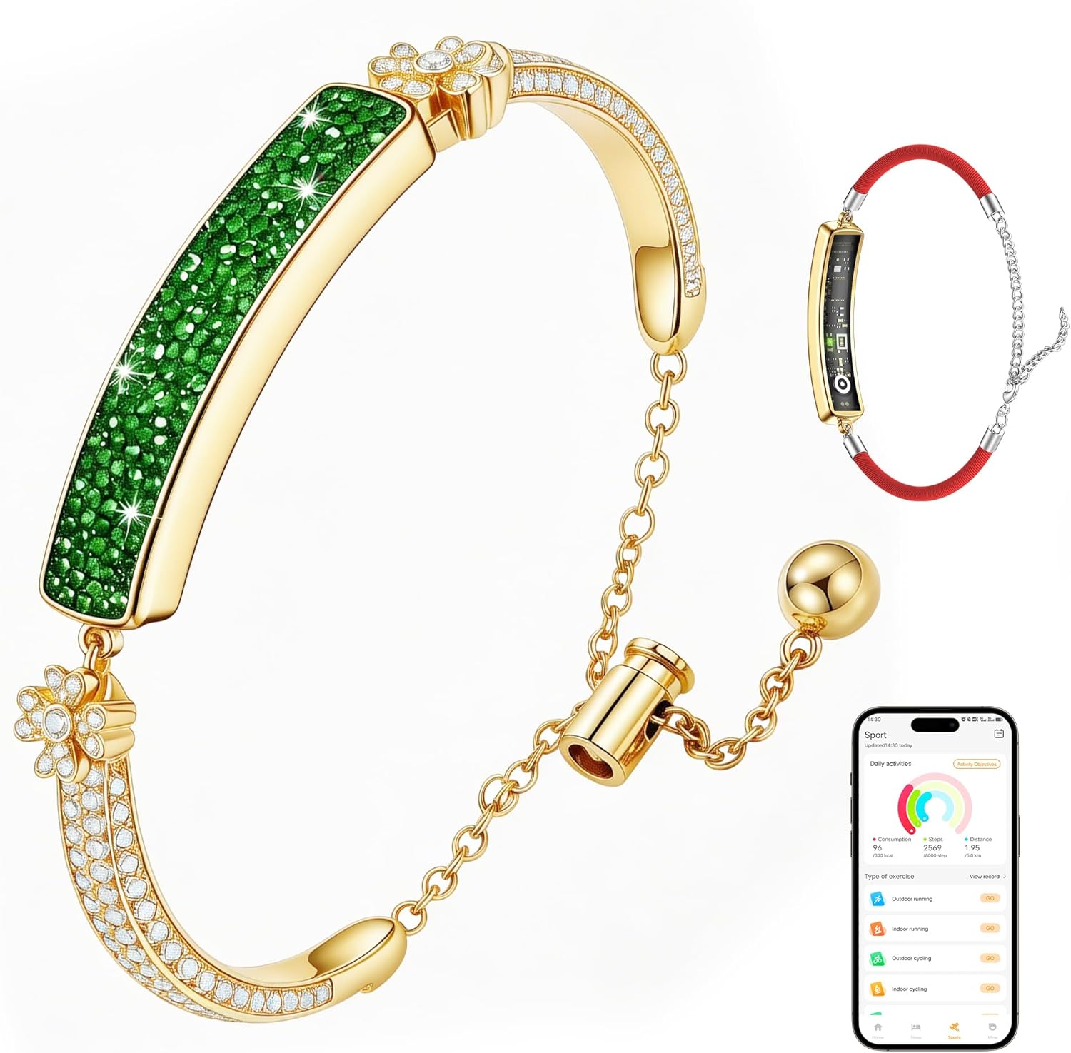 2-in-1 Crystal-Inlaid Smart Bracelet for Women, Jewelry Fitness Tracker with Heart Rate, Sleep & Cycle Tracking, IP68 Waterproof, Interchangeable Bands