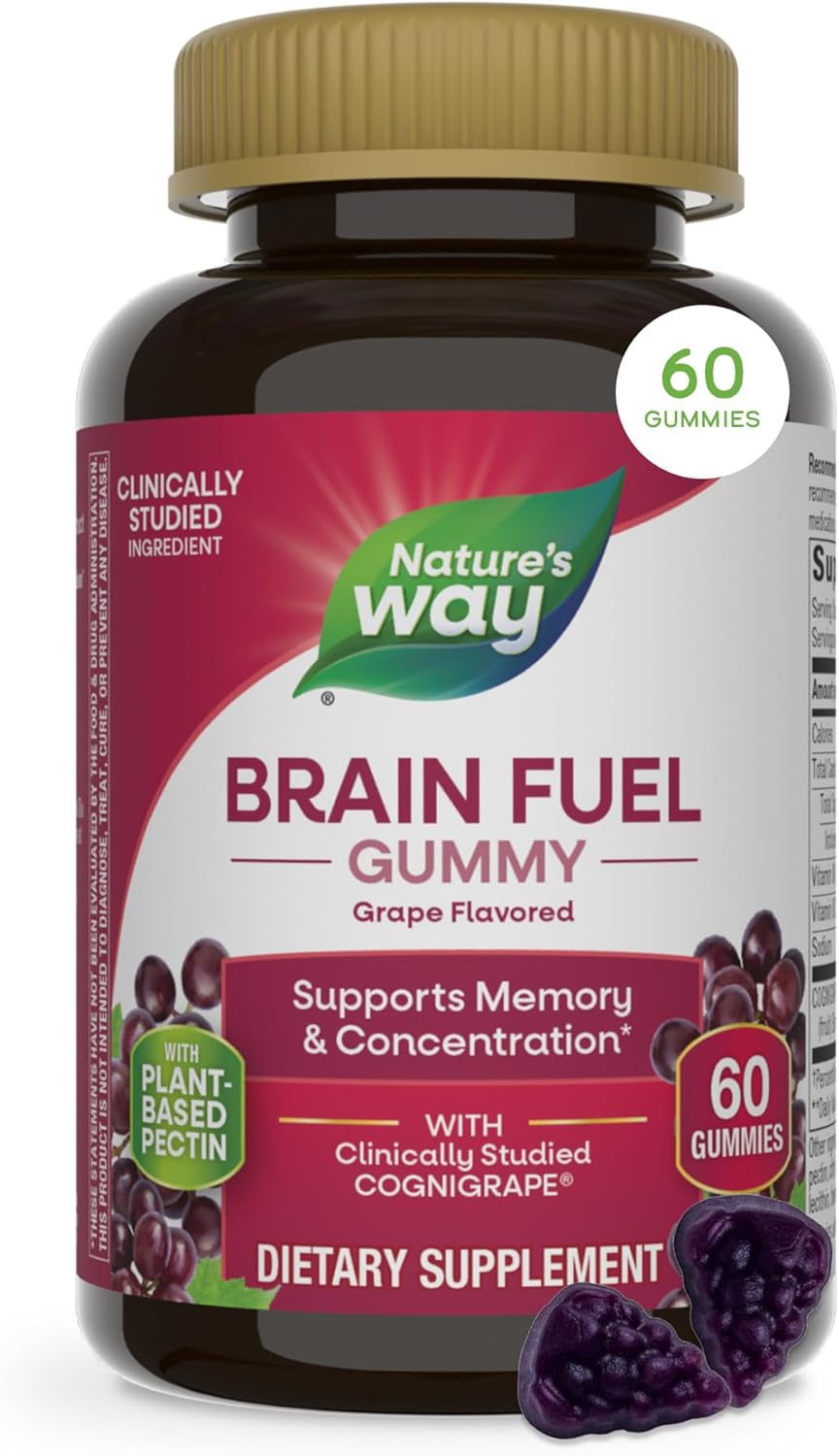 Nature’s Way Brain Fuel Gummies, Brain Supplement for Focus and Memory Support,* Clinically Studied Cognigrape Supports Cognition,* Vitamins B6 & B12 Support Brain Function,* Grape Flavored, 60 Count