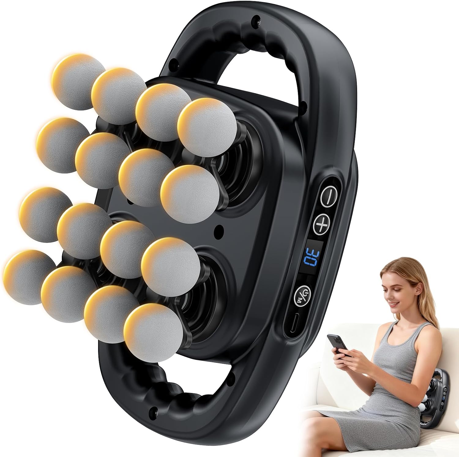 Beown 16 Head Massage Gun Deep Tissue, Fathers Day Dad Gifts, Back Muscle Massager with 3 Modes & 30 Intensity Levels for Legs, Waist, Back, Neck, Portable Percussion Massage Gun for Pain Relief,